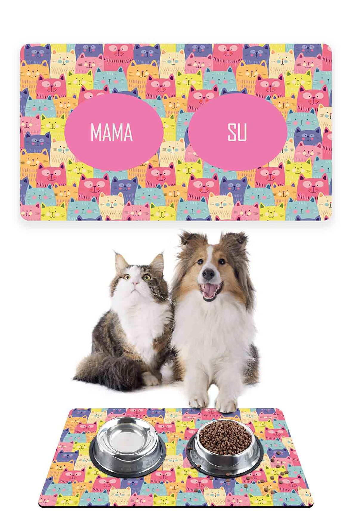 Renkli Sevimli Kediler Kedi Köpek Mama Altlığı Mama Paspası 50x35cm