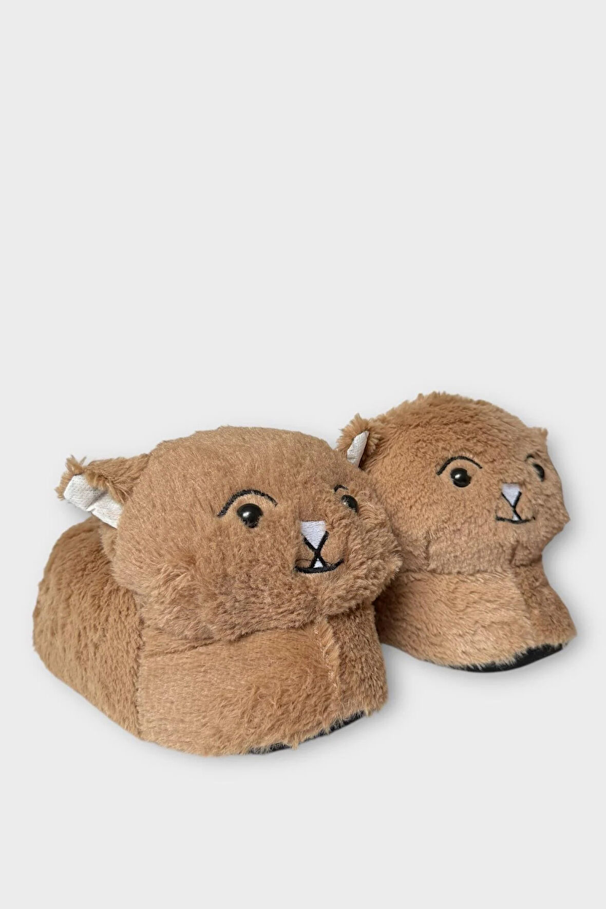 Kadın Sevimli Kedi Figürlü Peluş Panduf VİZON