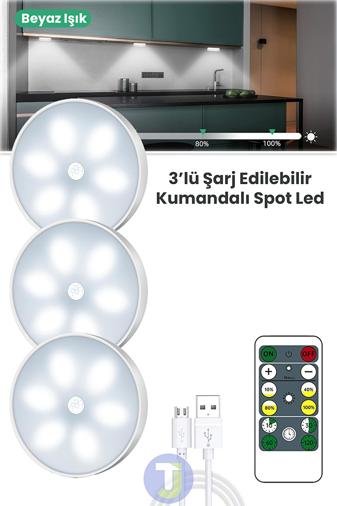 Technojet 3Adet Akıllı Hareket Sensörlü Kumandalı USB Şarj Kablosuz Spot Led Beyaz Işık Gece Lambası