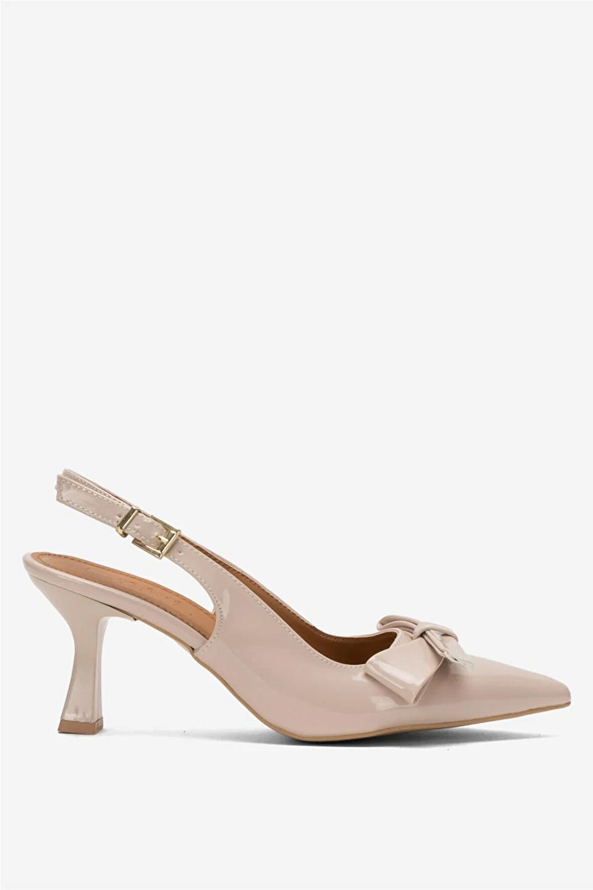 Kadın Fiyonk Tokalı Sivri Burun Arkası Açık 8 Cm Topuklu Ayakkabı BEJ
