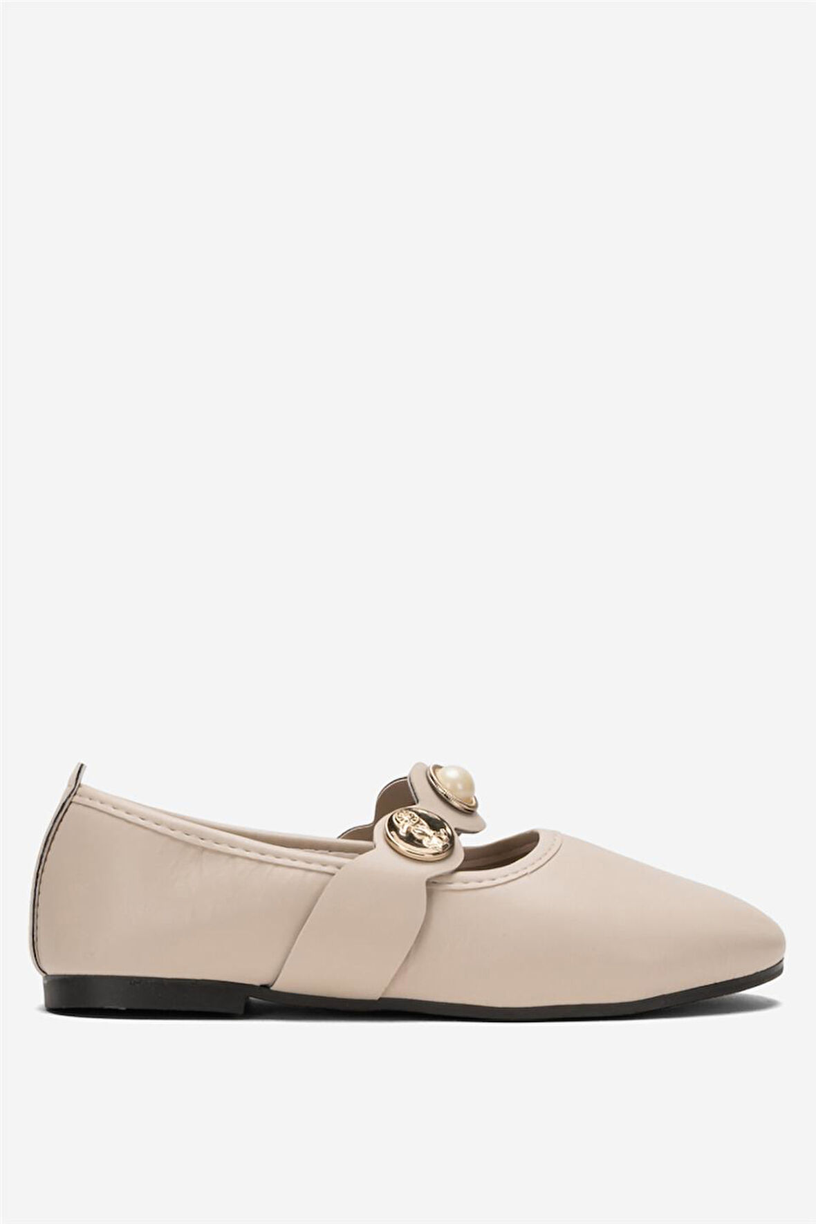 Kadın Oval Burun Aksesuar Bantlı Babet Ayakkabı  BEJ