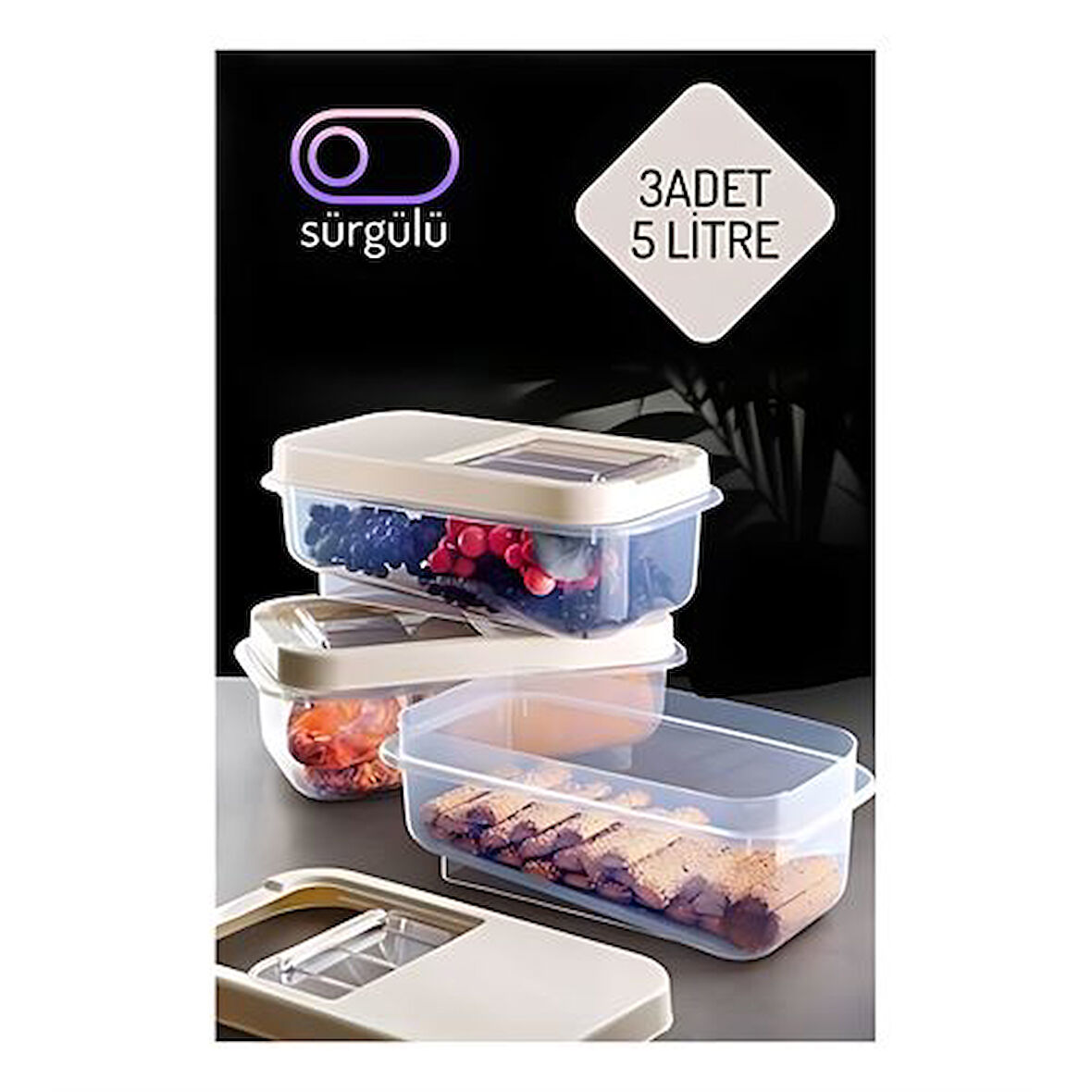 Modacar Erzak Bakliyat Saklama Kabı 3 lü Set 5 Lt Krem