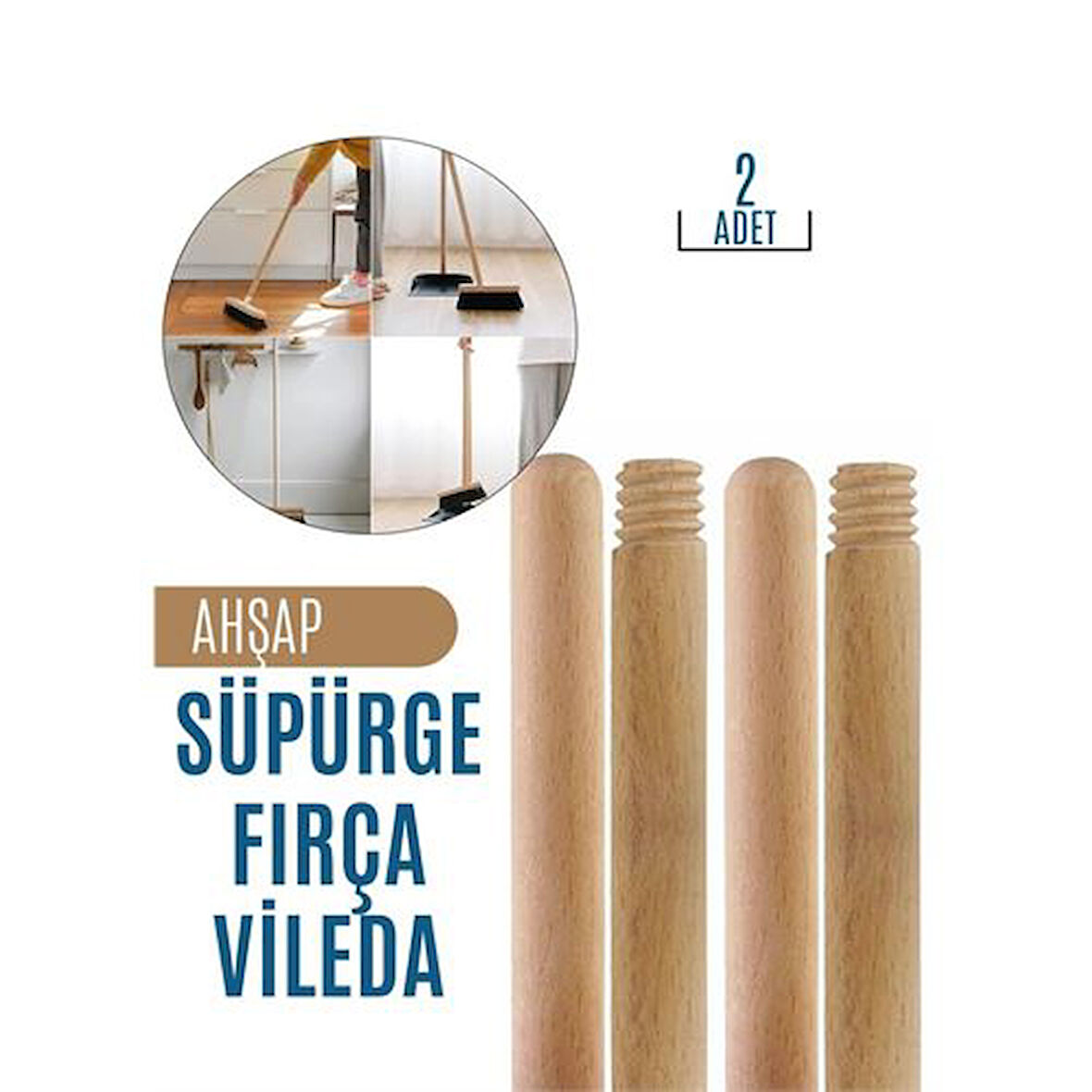  2 li SET Ahşap Mop Süpürge Sapı Griselda Design