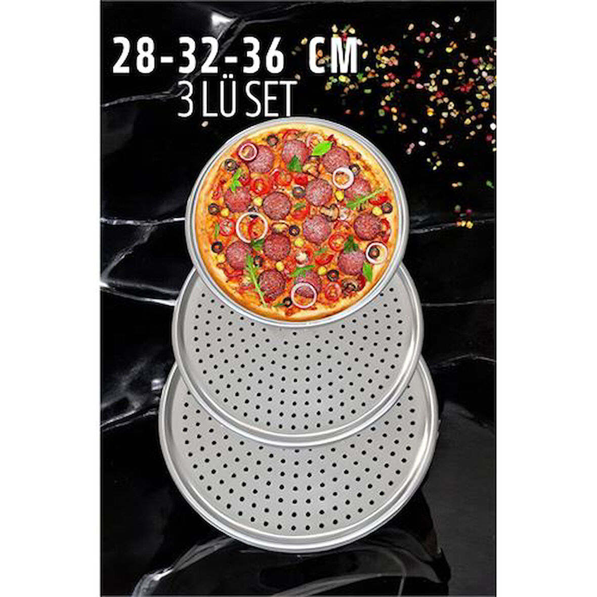  Delikli Pizza Lahmacun Tepsisi Çelik 28-32-36 CM 3 lü SET