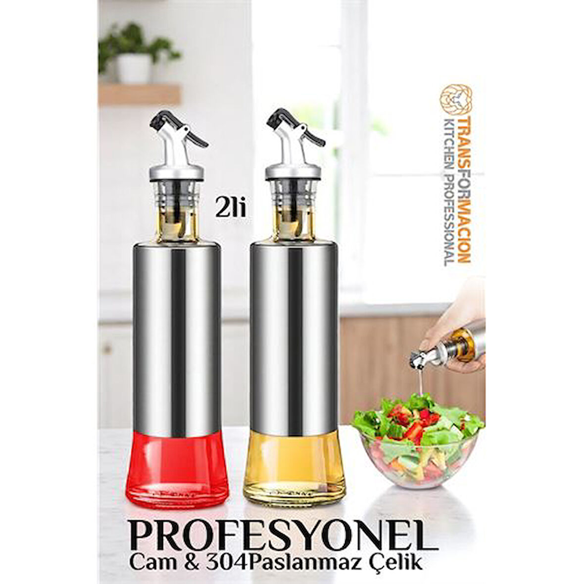 Modacar Yağ Sirke Şişesi Yağlık 304 Çelik ve Borosilikat Cam 2 li SET
