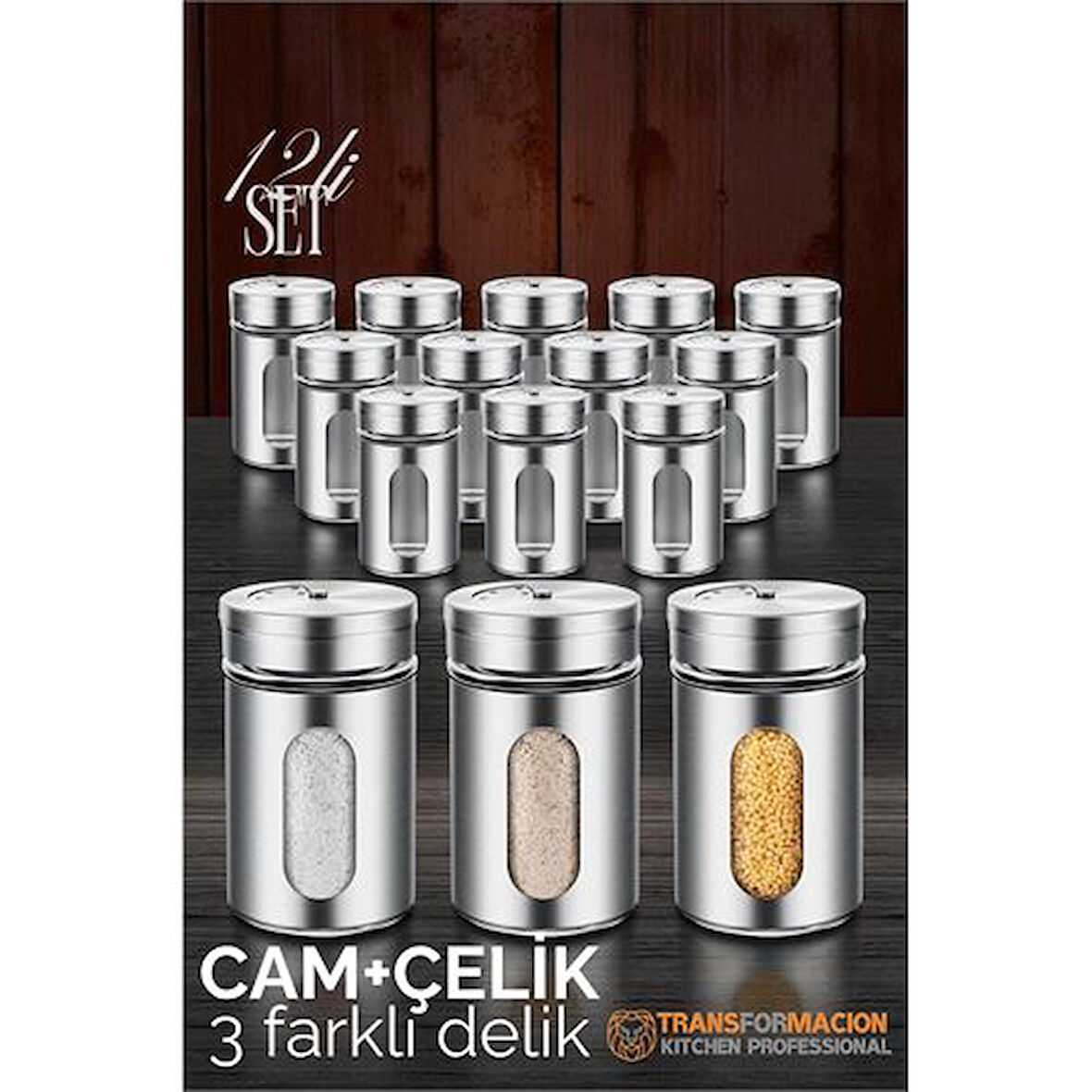 Modacar Cam+Çelik Tuzluk Biberlik Karabiberlik 3 Farklı Delikli 12 li SET
