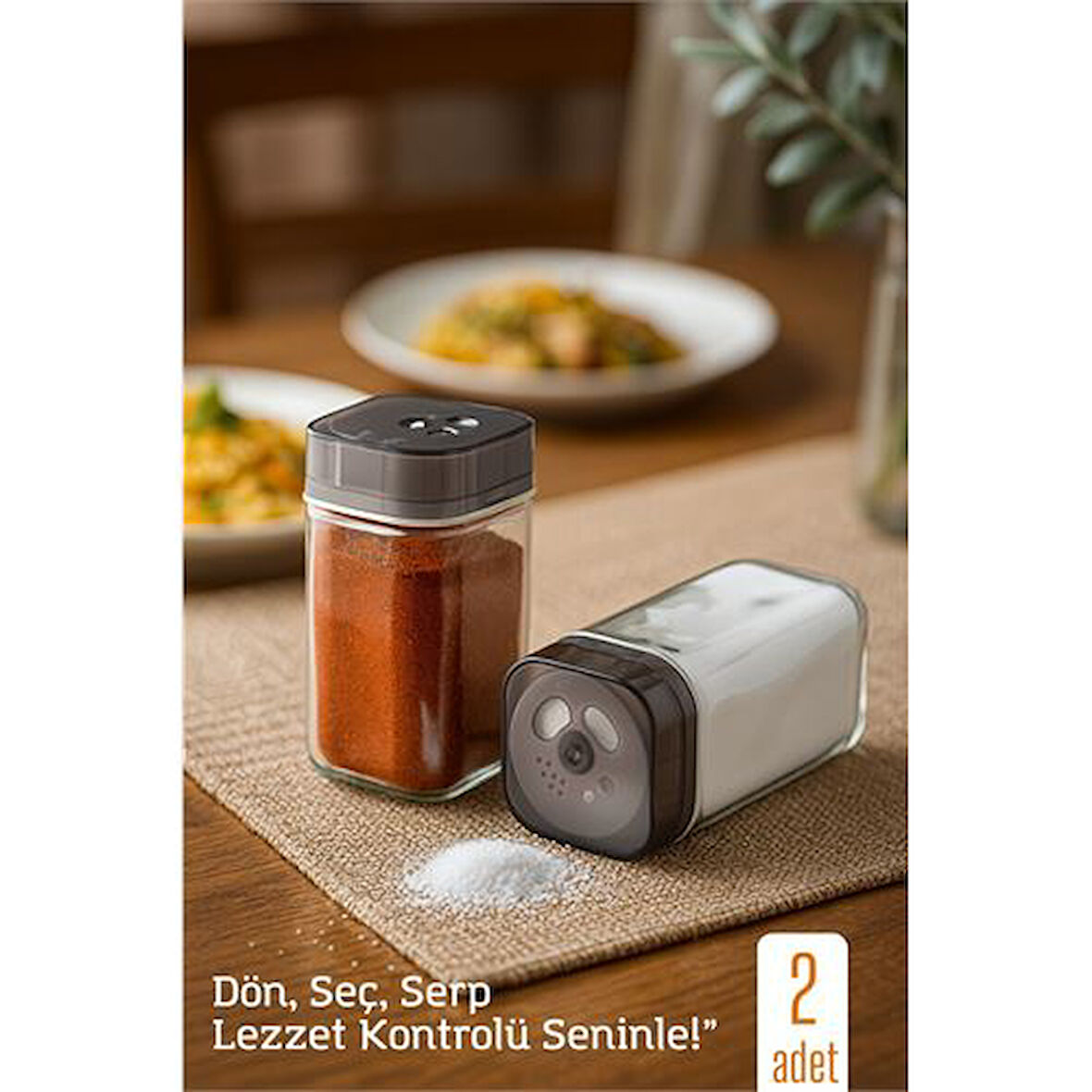 Modacar Cam Tuzluk Baharatlık – 360° Döner Kapaklı | 3 Delik Tipiyle Ayarlanabilir Akış   2 ADET