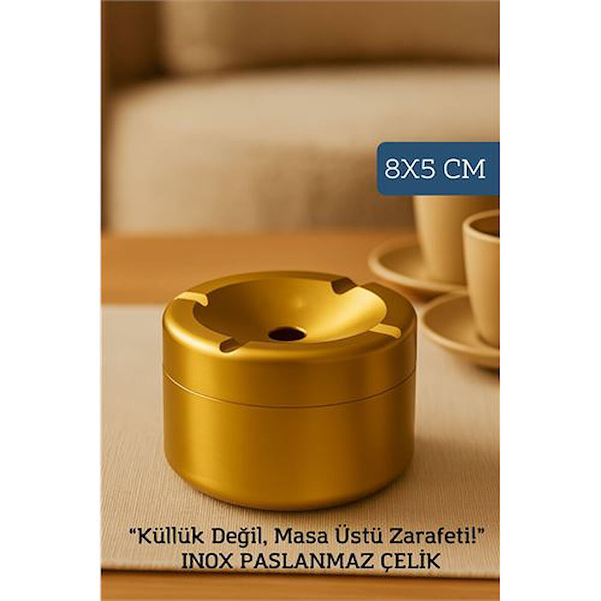 Modacar Inox Gold Paslanmaz Çelik Küllük – 8x 5 cm | Modern, Hijyenik ve Dayanıklı Tasarım