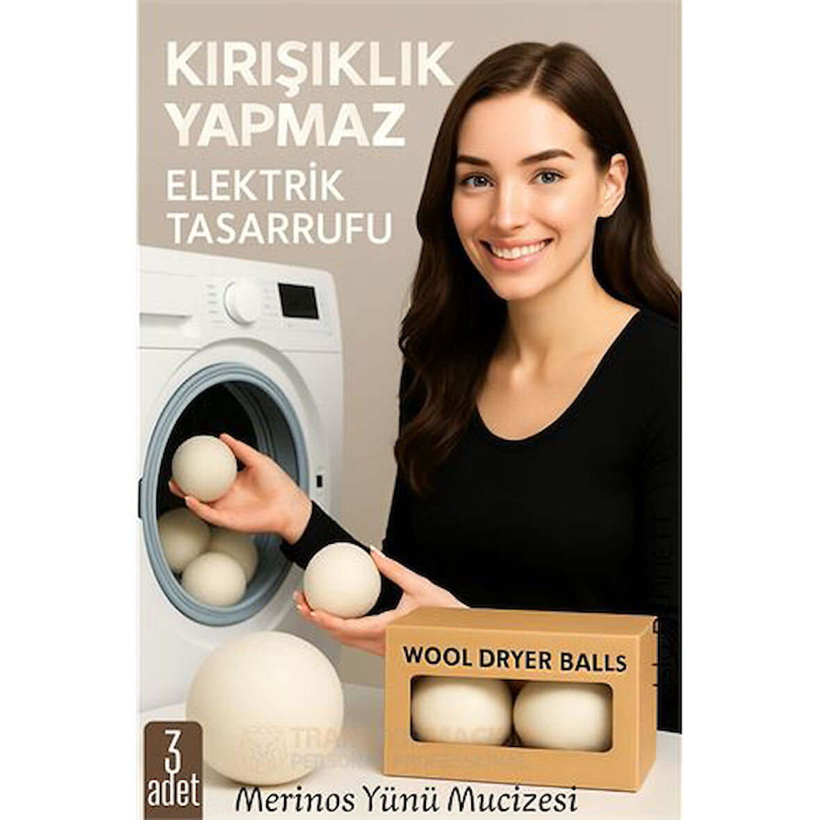 3’lü Kurutma Makina Topu – Merinos Yün Kurutma Topları Doğal Yumuşatıcı, Kırışık Önleyici, Enerji Tasarruflu