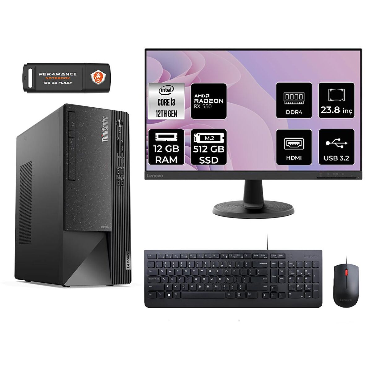 Lenovo ThinkCentre Neo 50T i3 12100 12GB 512GB SSD RX550/4GB FDOS 11SC001ATX MASAÜSTÜ PC & 23.8" MONİTÖR