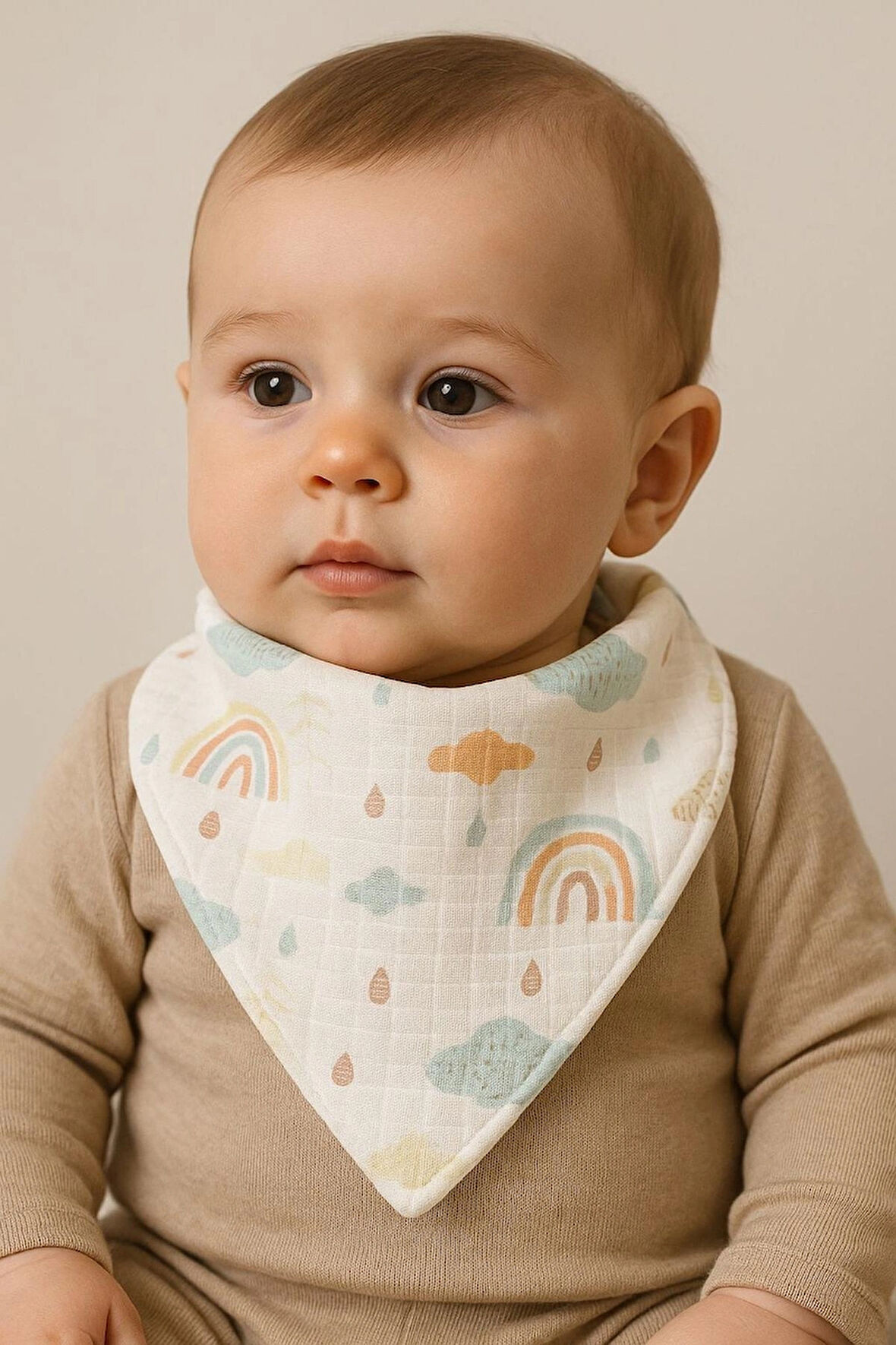 BABY %100 Müslin Pamuk Gökkuşağı Desenli Bebek Mama Önlüğü (0-24 Ay)