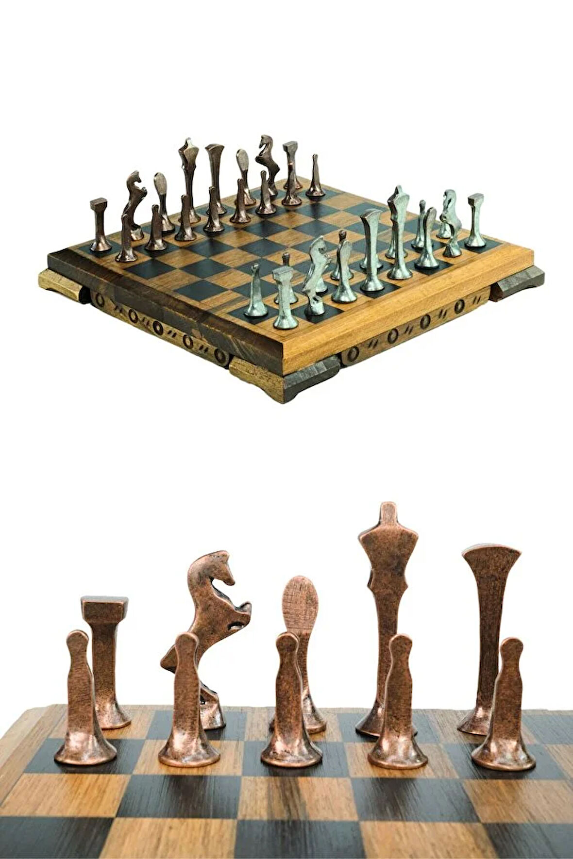 MC53 Satranç Takımı | El Yapımı Gerçek Ceviz Ağacı Satranç Tahtası | Antik Metal Satranç Taşları