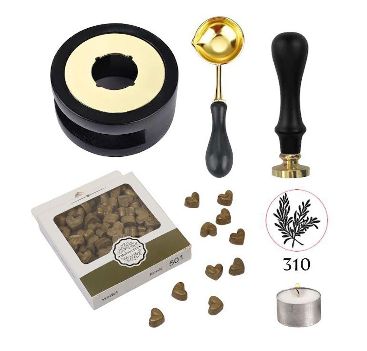 Davetiye Mum Mühürü Uygulama Seti Siyah Renk 310 Botanik Desen