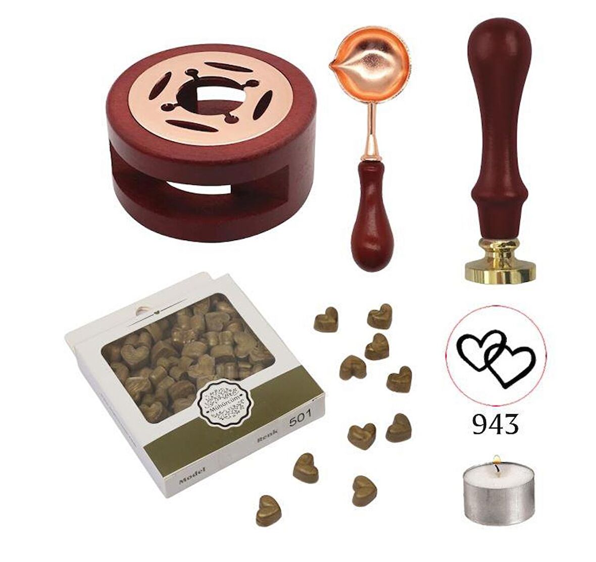 Davetiye Mum Mühürü Uygulama Seti Kahverengi 943 Çifte Kalp