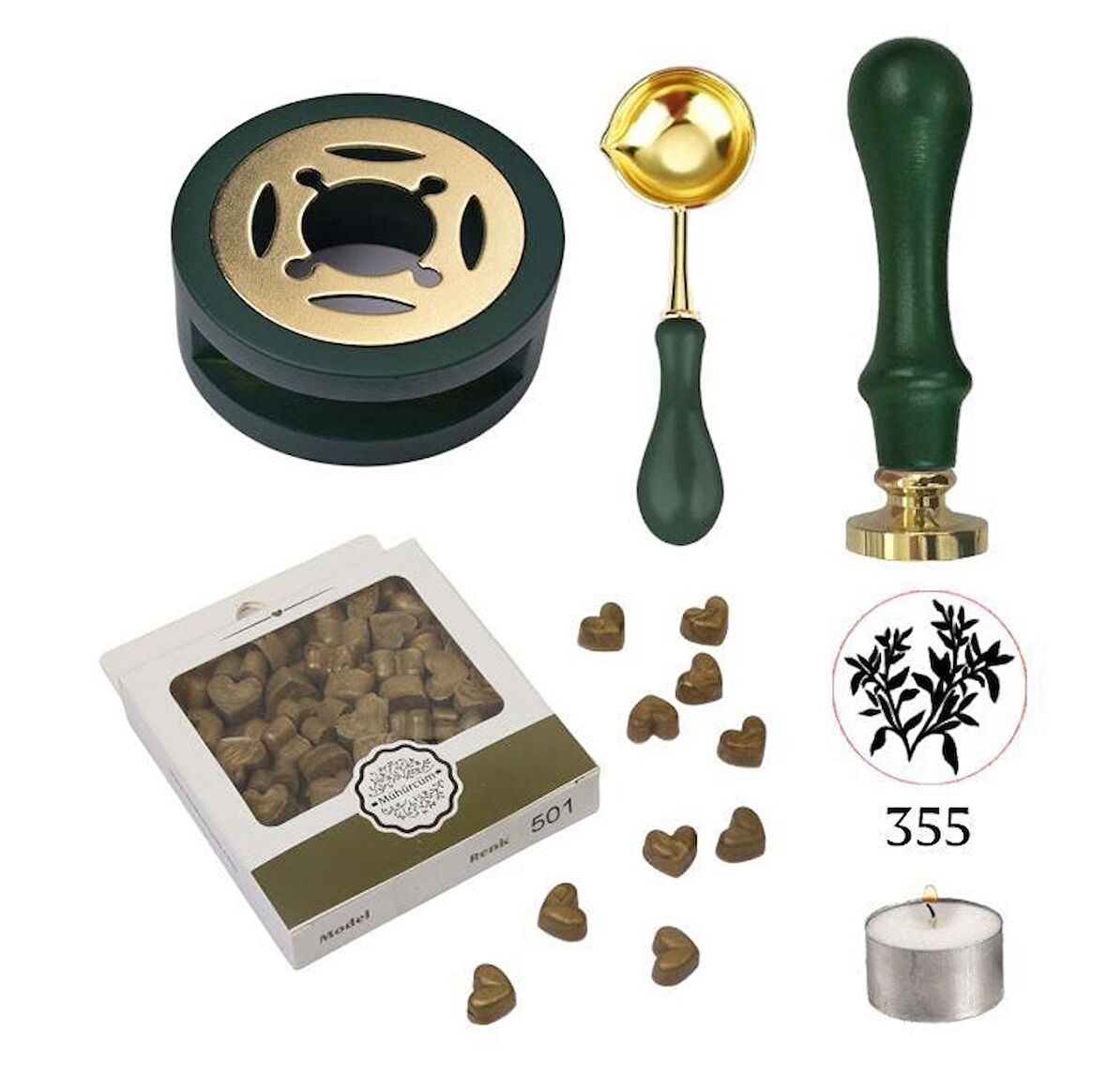 Davetiye Mum Mühürü Uygulama Seti Çim Yeşili Renk 355 Dal Yaprak