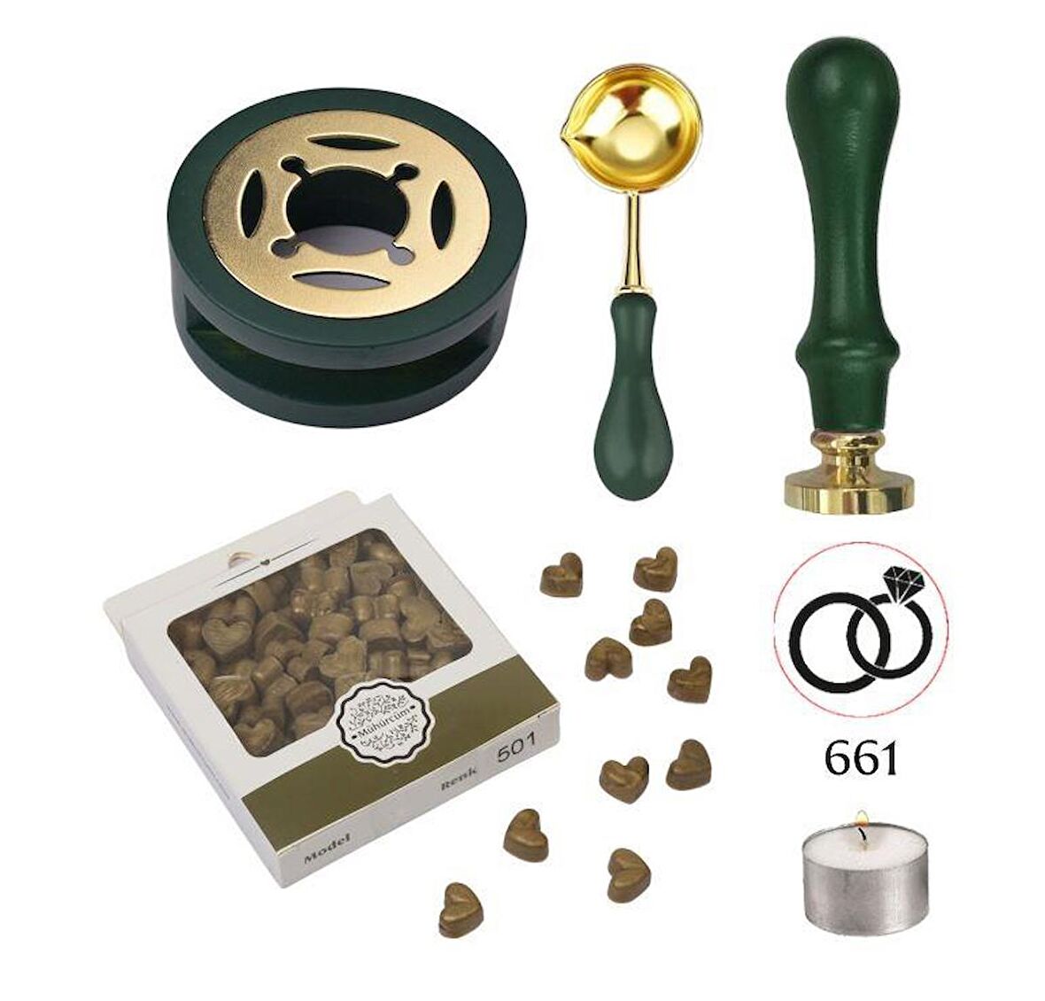 Davetiye Mum Mühürü Uygulama Seti Çim Yeşili Renk 661 Yüzükler