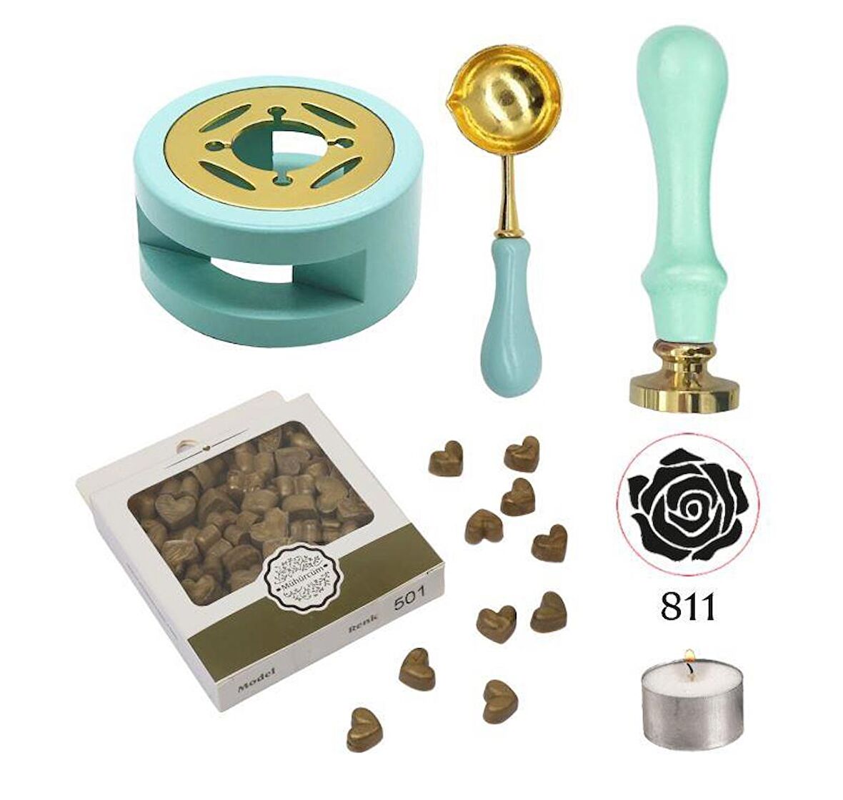 Davetiye Mum Mühürü Uygulama Seti Su Yeşili Renk 811 Gül Desen