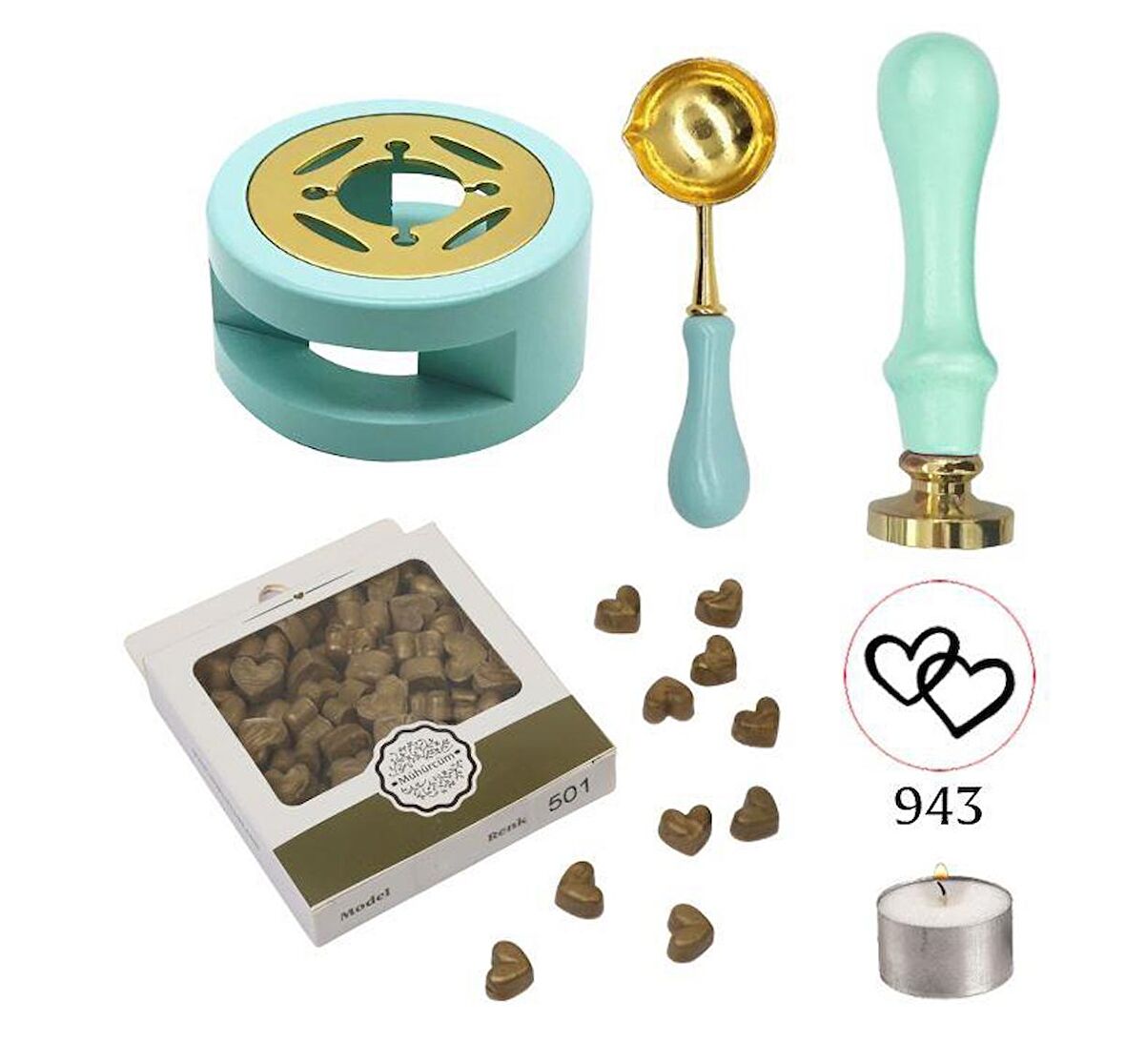Davetiye Mum Mühürü Uygulama Seti Su Yeşili Renk 943 Çifte Kalp