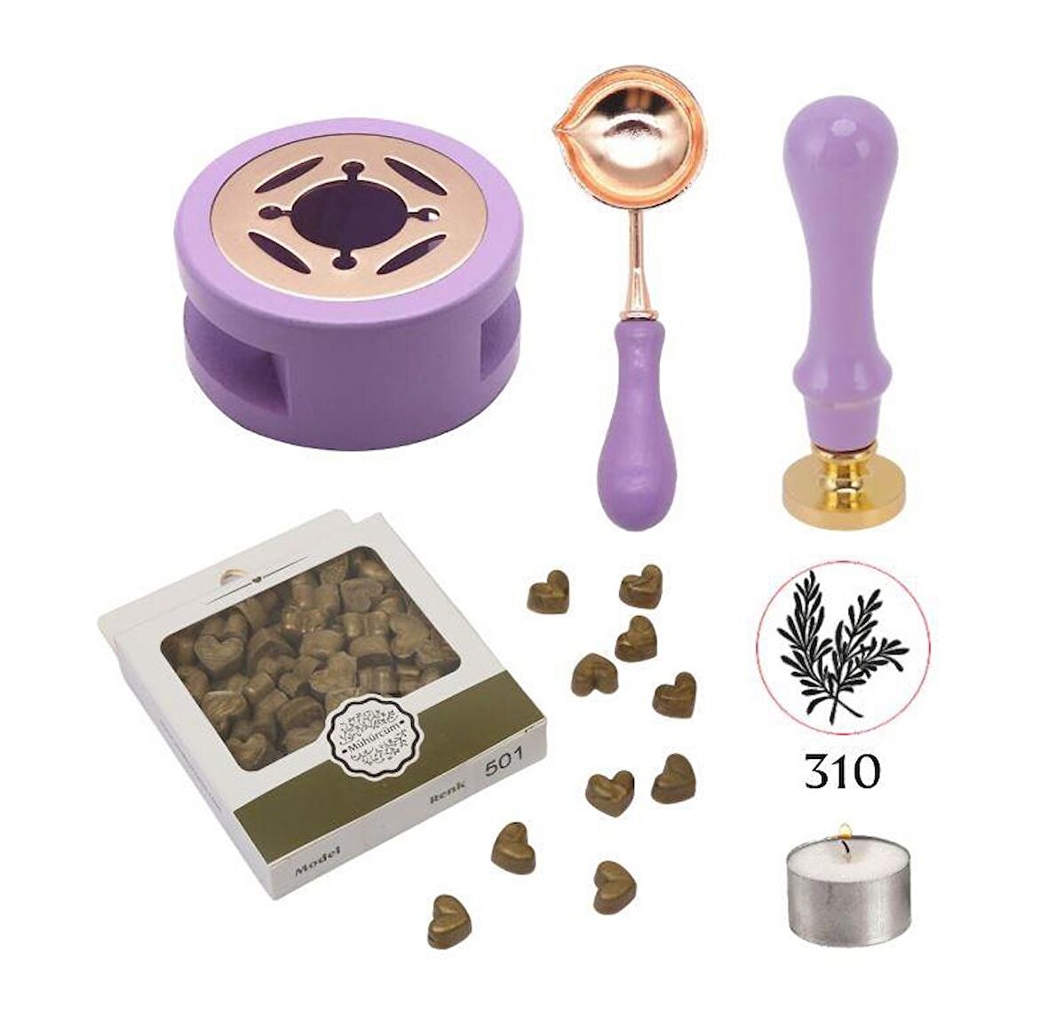 Davetiye Mum Mühürü Uygulama Seti Lavanta Renk 310 Botanik Desen