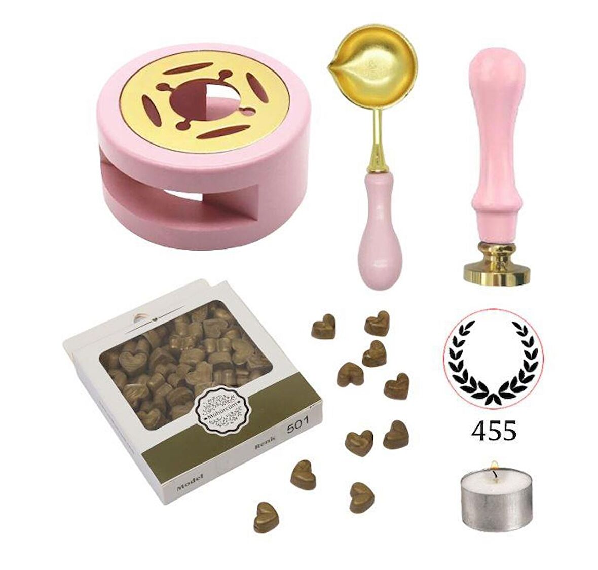 Davetiye Mum Mühürü Uygulama Seti Pembe Renk 455 Çelenk