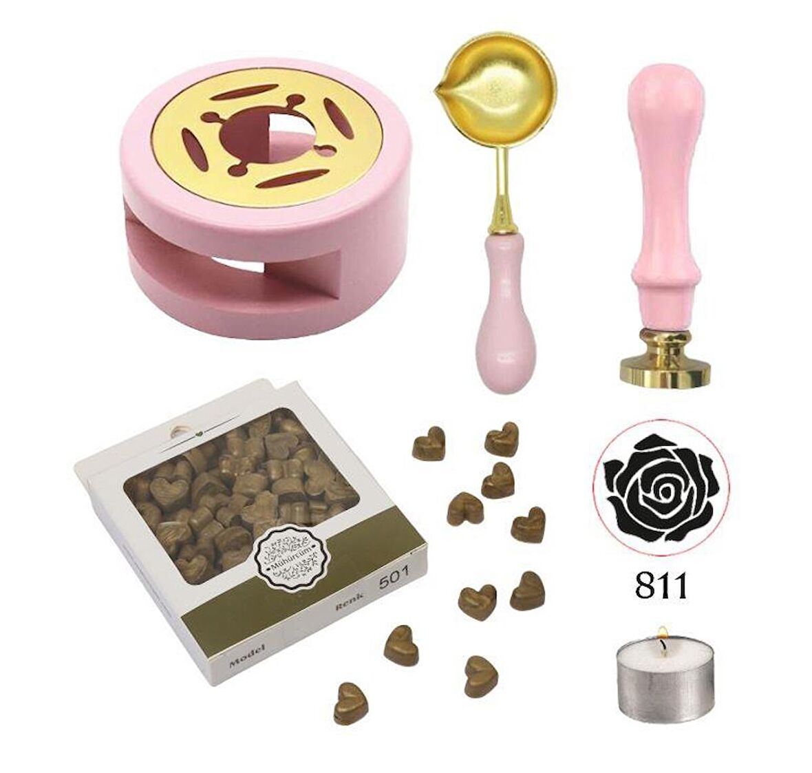 Davetiye Mum Mühürü Uygulama Seti Pembe Renk 811 Gül Desen