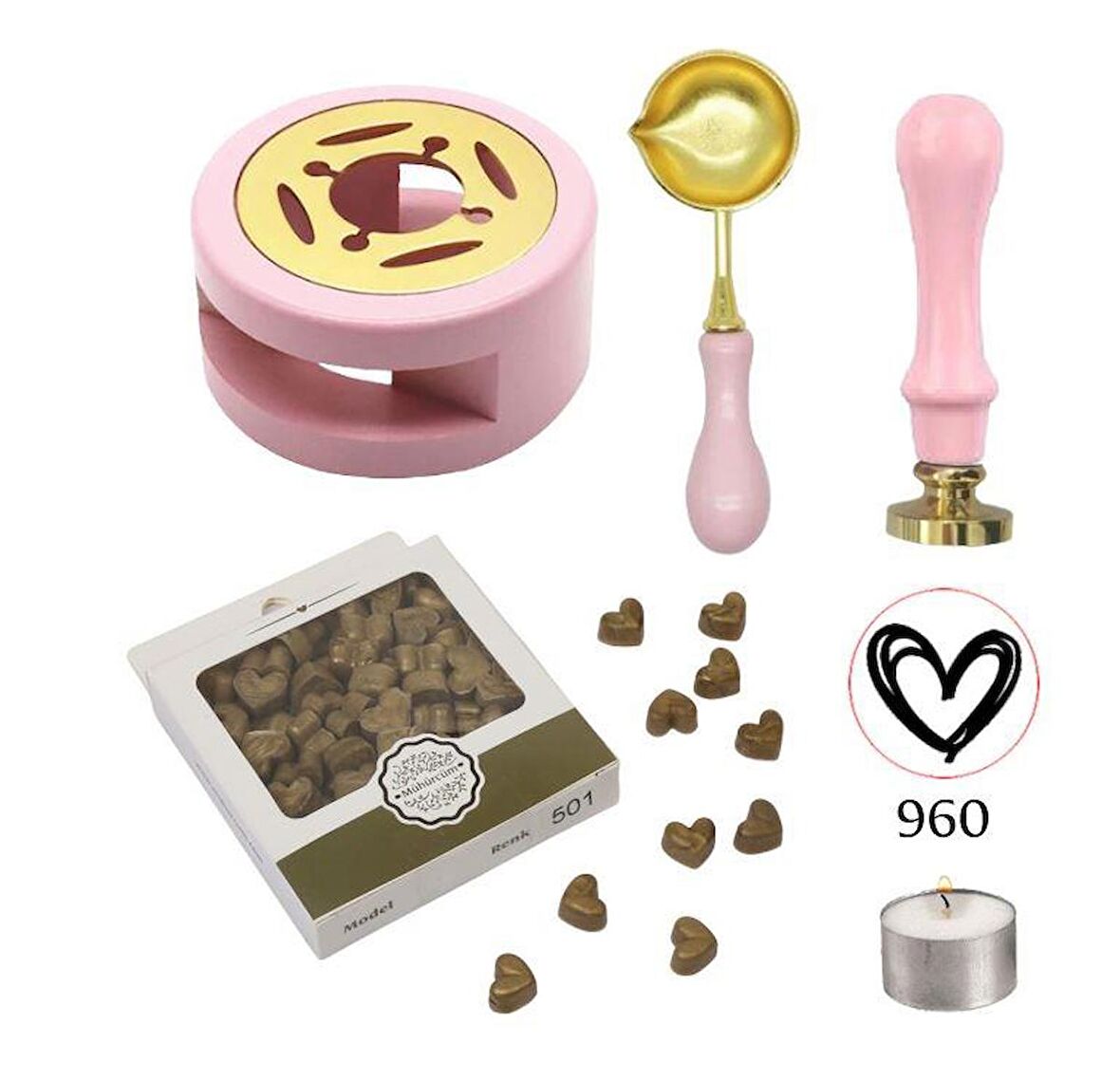Davetiye Mum Mühürü Uygulama Seti Pembe Renk 960 Kalp