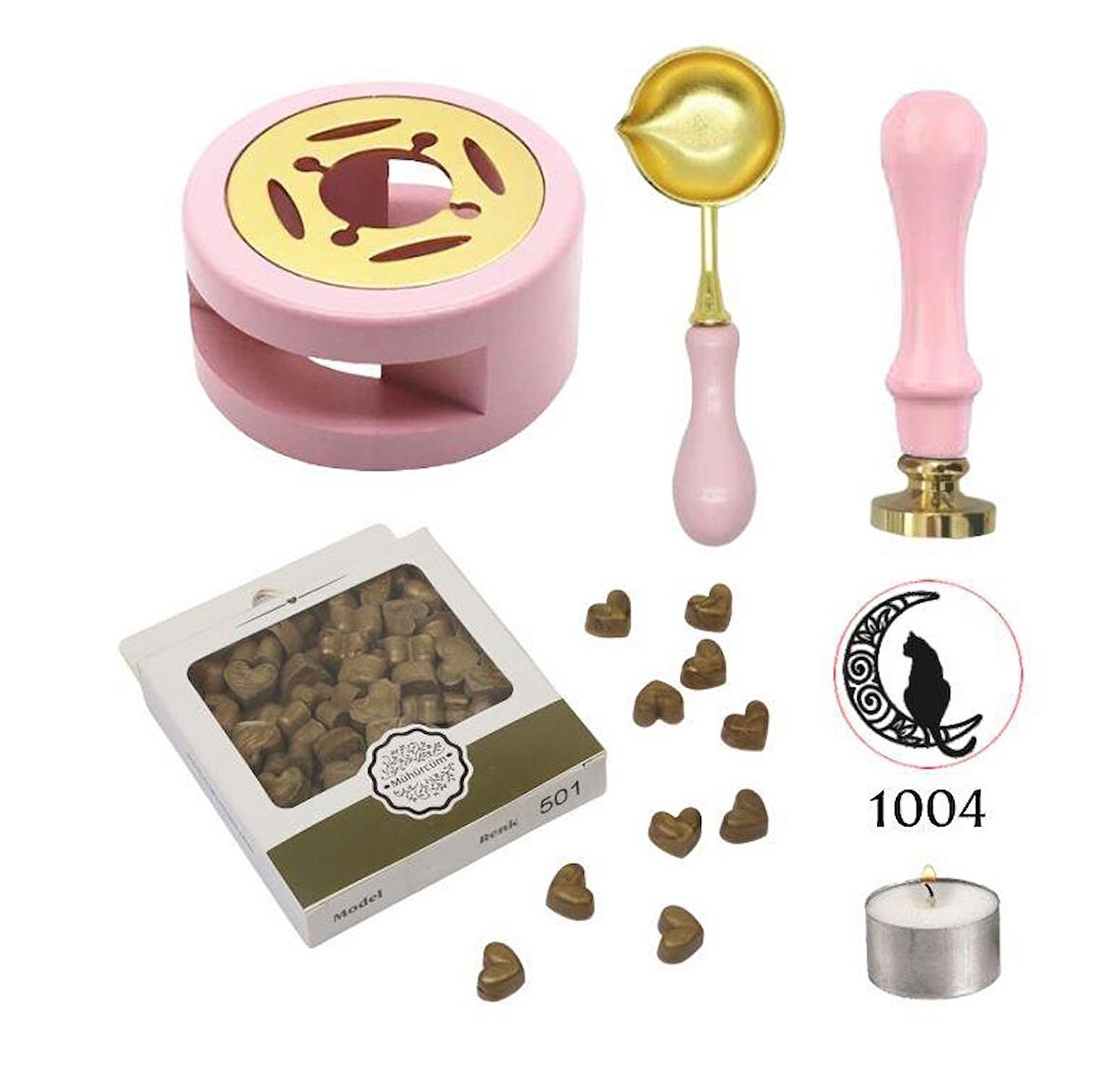 Davetiye Mum Mühürü Uygulama Seti Pembe Renk 1004 Ay Kedi