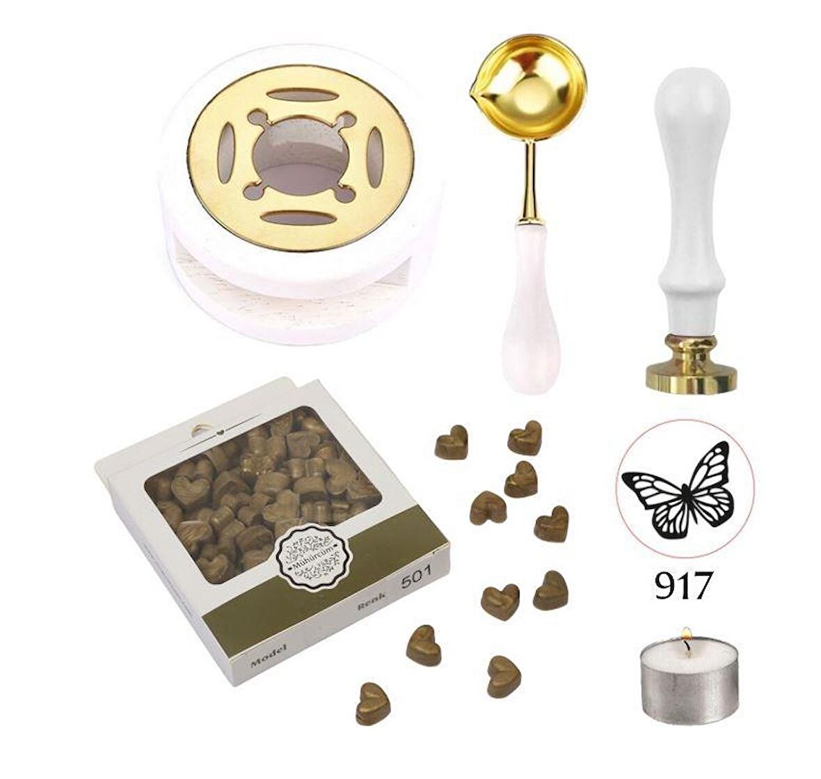 Davetiye Mum Mühürü Uygulama Seti Beyaz Renk 917 Kelebek