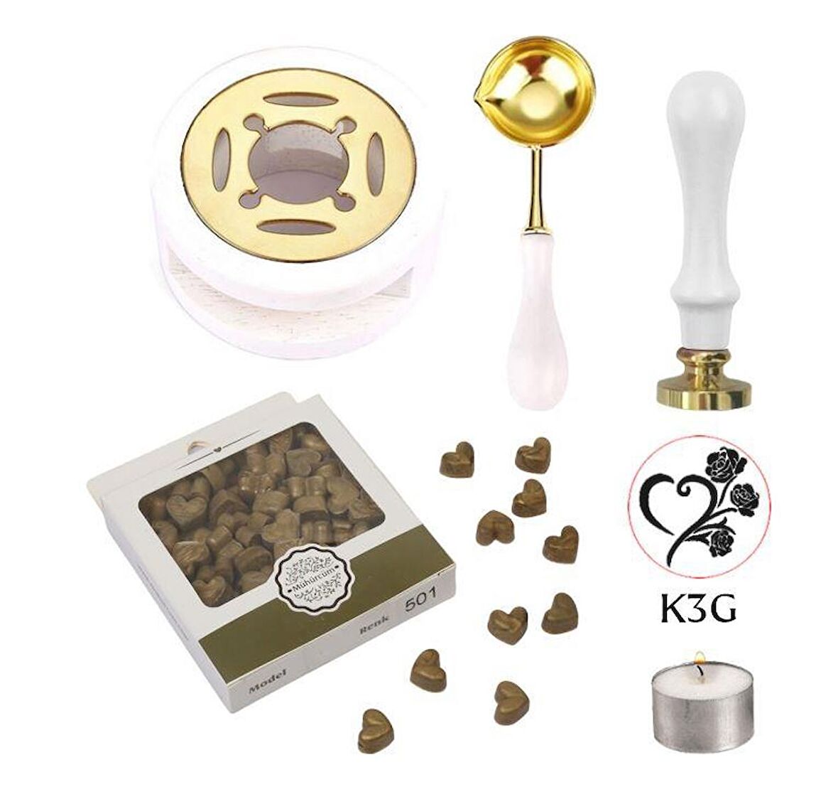 Davetiye Mum Mühürü Uygulama Seti Beyaz Renk K3G Kalp 3 Gül