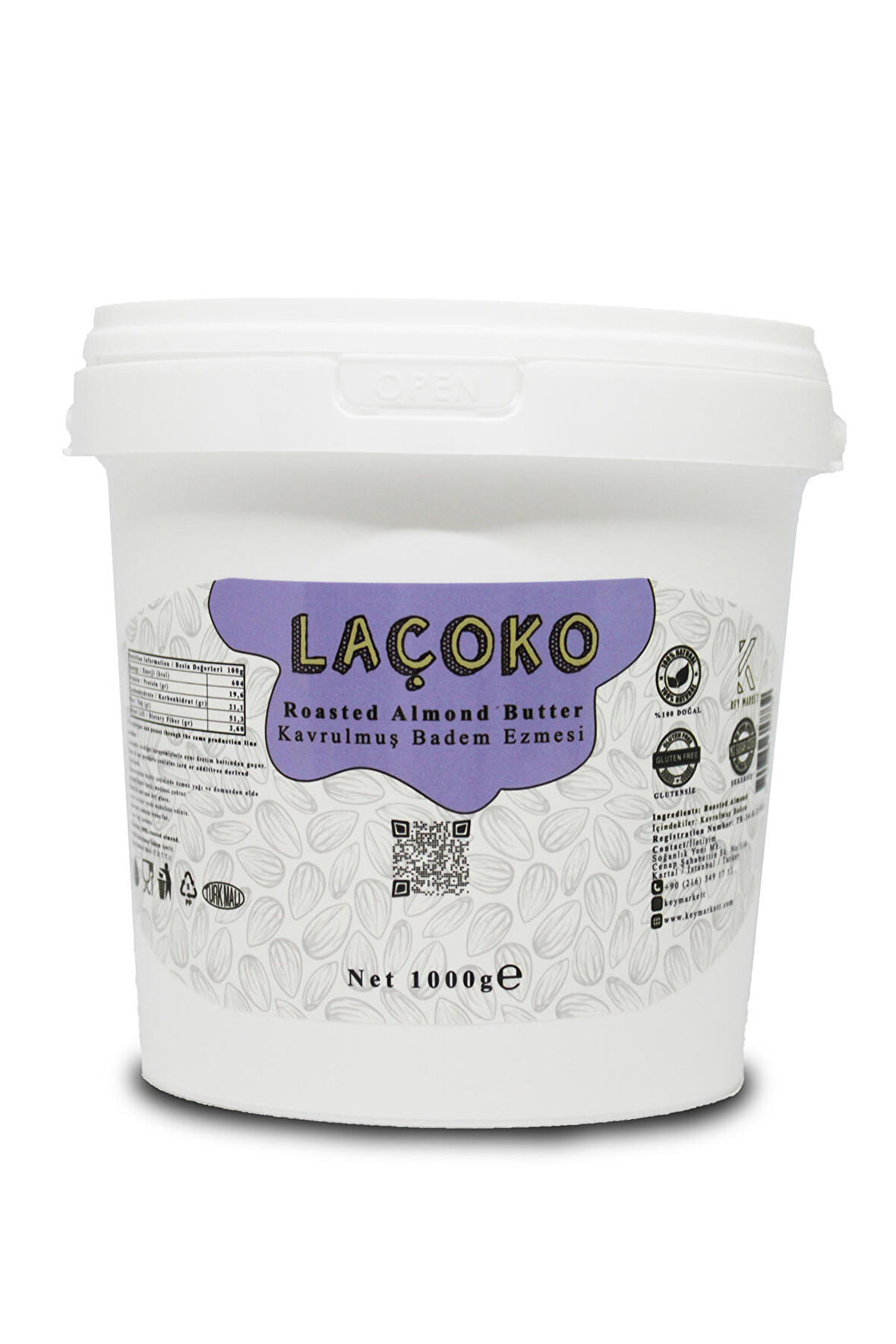 LAÇOKO 1 KG Kova Şekersiz, Katkısız, Glutensiz, Vegan, Doğal Badem Ezmesi (1 KG)