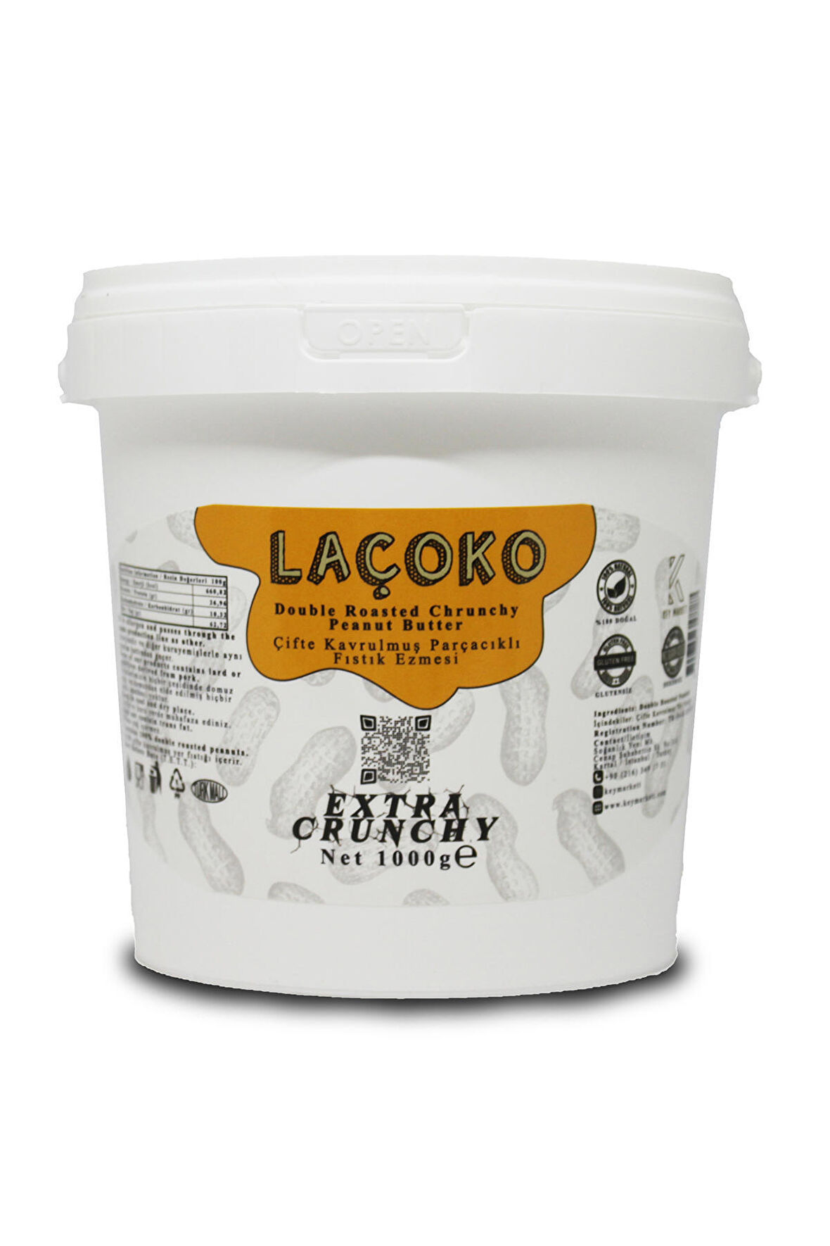 LAÇOKO 1 KG Kova Şekersiz, Katkısız, Glutensiz, Vegan, Doğal Çifte Kavrulmuş Parçacıklı Extra Crunchy Yer Fıstığı Ezmesi (1 KG)