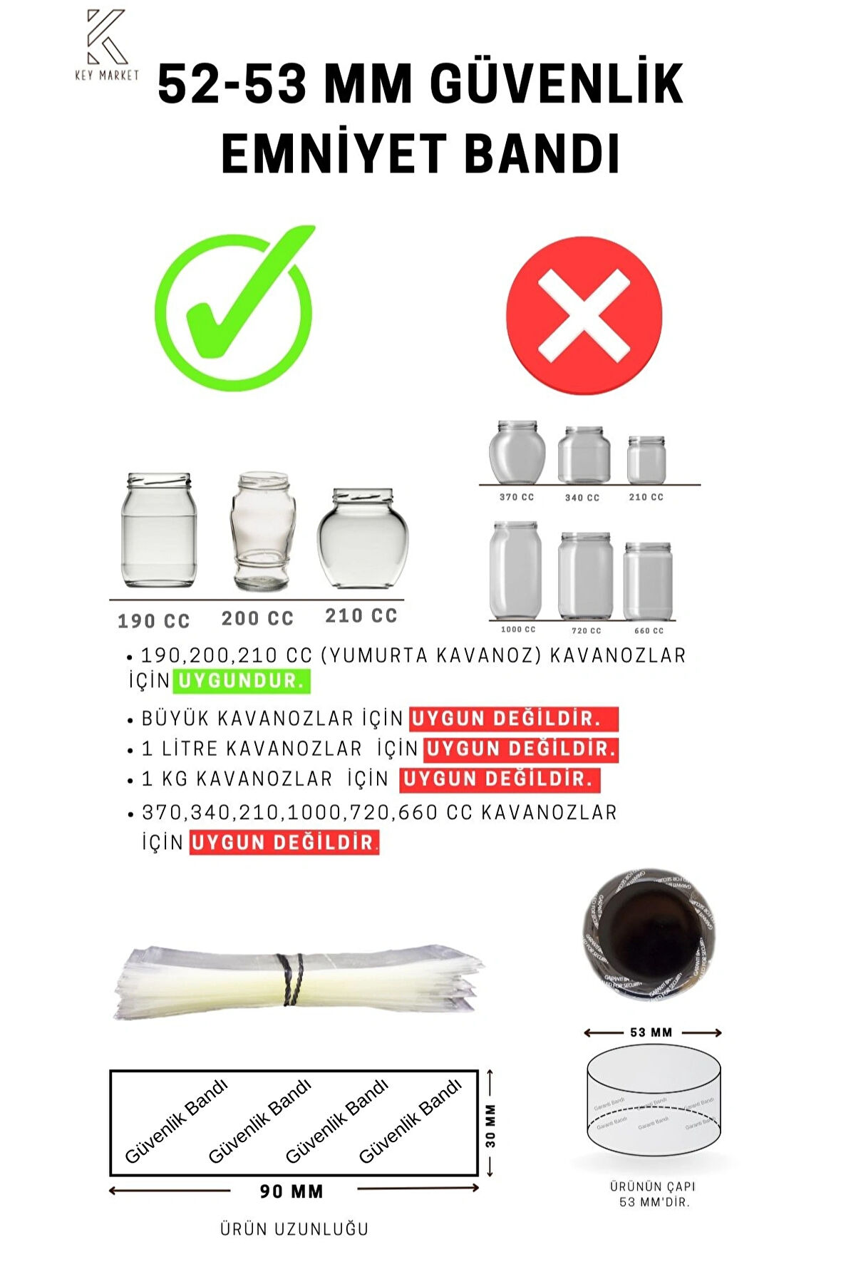 Standart Kavanoz Güvenlik Emniyet Bandı 100 Adet, 52-53mm Ağız Çapına Uygun,90x30mm Boyut, Baskılı