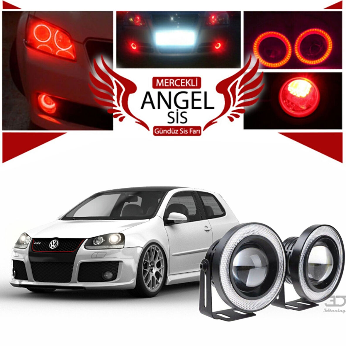 Volkswagen Golf 5 Uyumlu, Universal Mercekli Led Angel Sis Farı, 76mm Kırmızı Renk