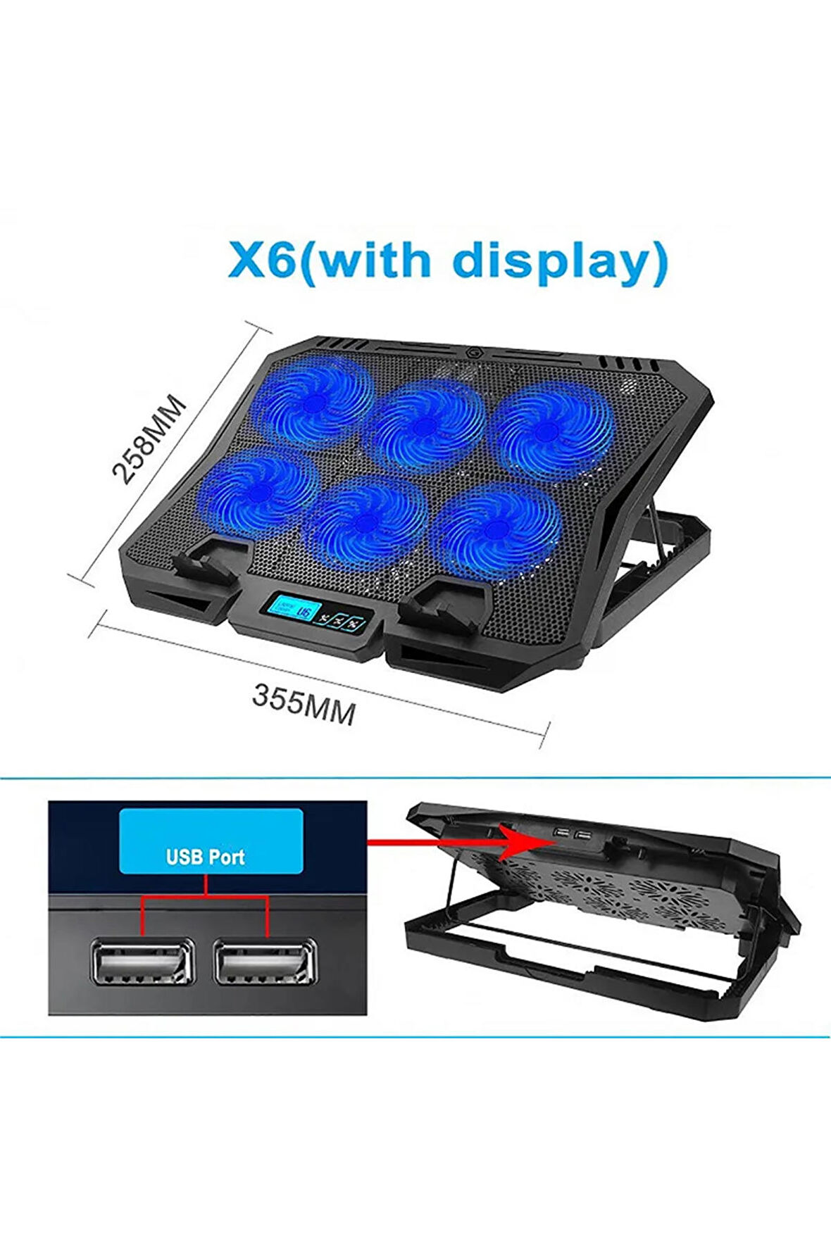 X6A Gaming Pad 6 Fanlı Notebook Laptop Soğutucu Fan Mavi Led Işıklı Dizüstü Bilgisayar Standı Stant