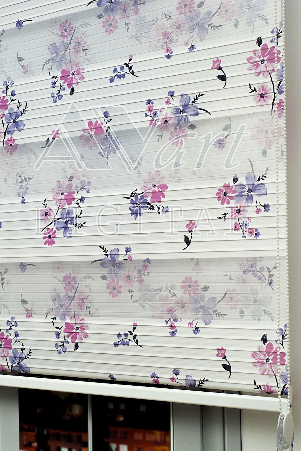 Pembe Ve Mor Çiçek Baskılı Zebra Perde - Dijital Baskılı Zebra Stor Perde