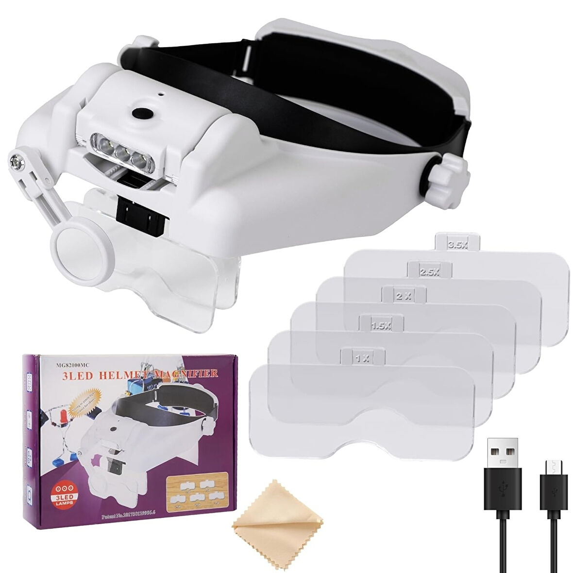 HyMark Kafa Bandı MG82000MC Büyüteç Gözlük LED Işıklı Şarjlı Pil Çoklu Değiştirilebilir Lens Ayarlanabilir