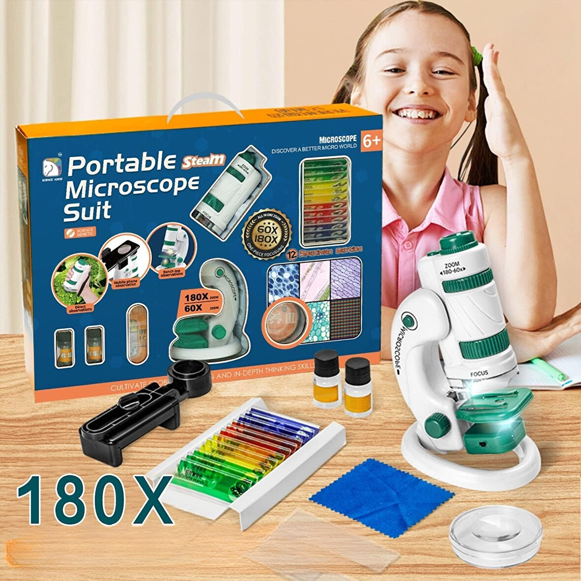 TriLine Mikroskop Deney Seti 180X Portatif LED Işıklı Eğitici Öğretici 21 Parça Mobil Mini Taşınabilir