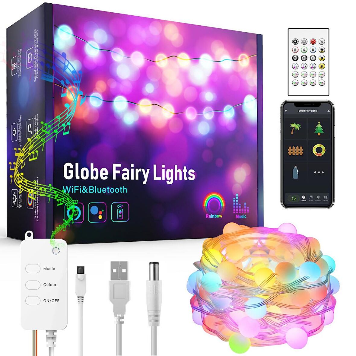 UpWay Bluetooth 10 Metre RGB Renk Değiştiren Akıllı Küre Dizili Işıklar USB 66 LED Kumandalı