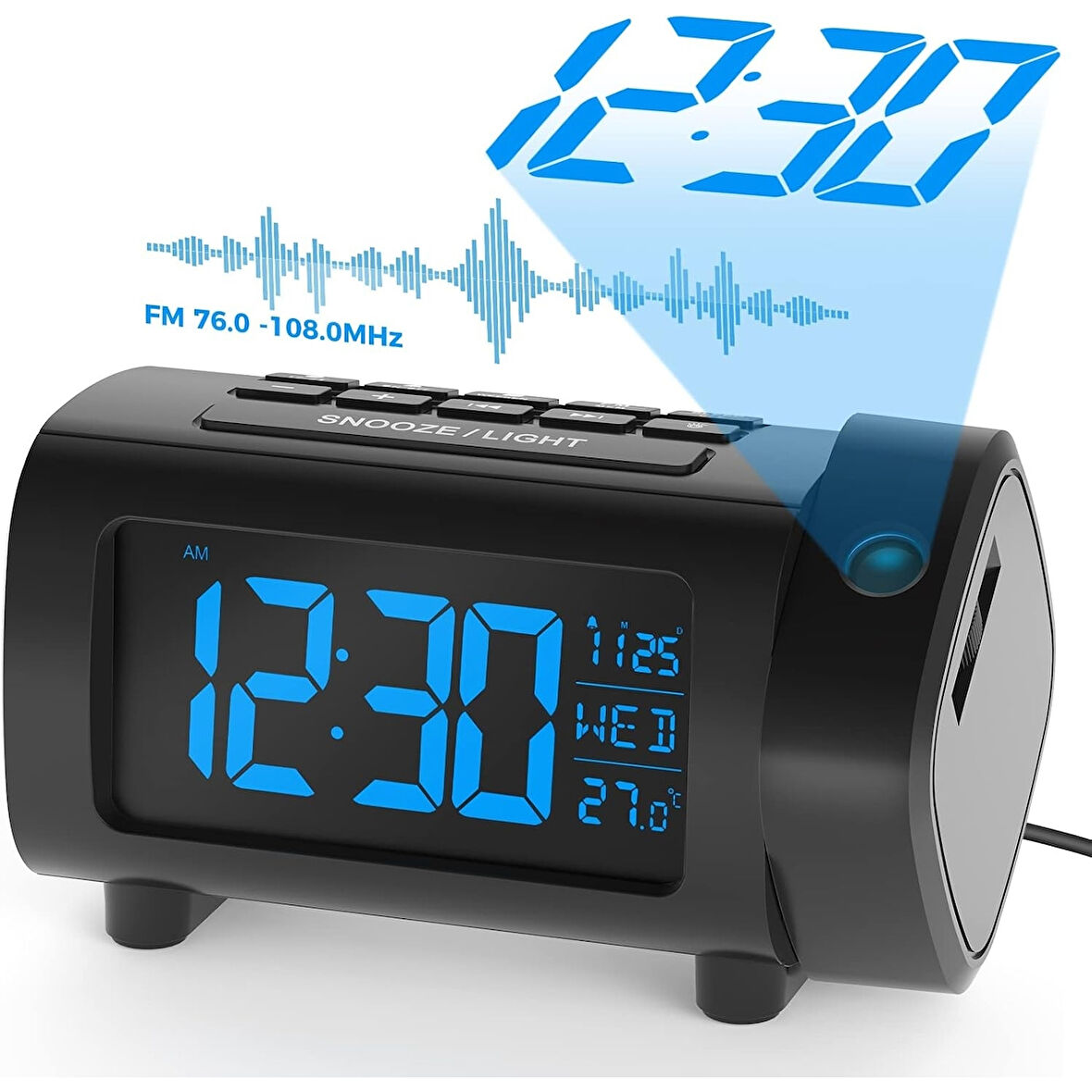 HyMark Mavi Projeksiyonlu Çalar Saat FM Radyo Dijital Saat USB Şarj Sıcaklık 4 Seviye Parlaklık