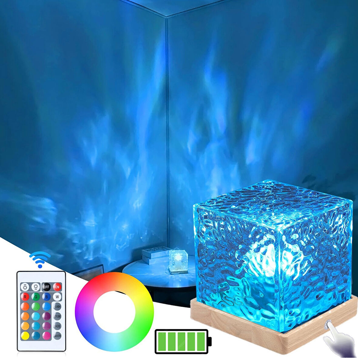 HyMark Kristal Kuzey Işıkları Okyanus Dalgası 16 Renk Projektör Dahili Pil Gece Lambası Kumandalı Dokunmatik