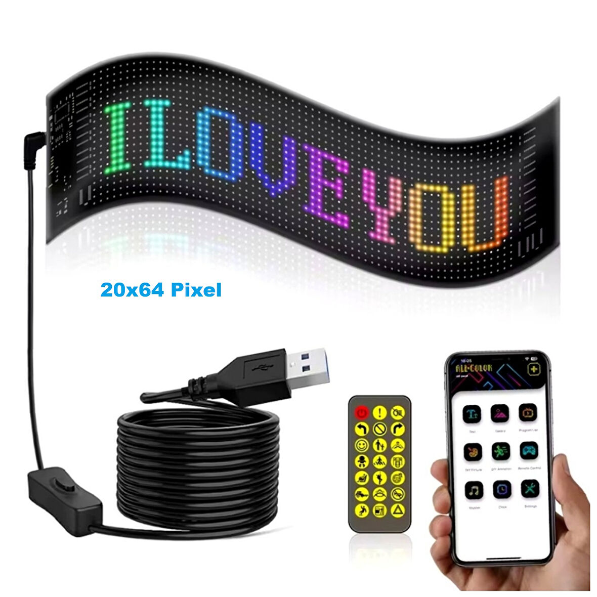 HyMark 35x10cm Programlanabilir LED Matrix Kayan Yazı 20x64 Pixel Emoji Tabela Araba Bluetooth APP Kontrol