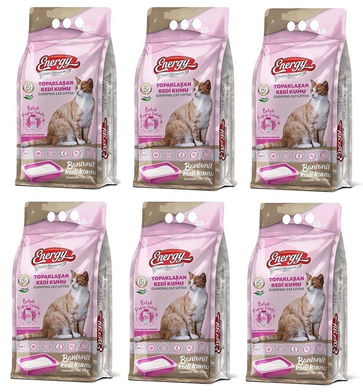 Energy Bebek Pudrası Kokulu İnce Taneli Topaklaşan Bentonit Kedi Kumu 6 x 10 Paket=60Lt