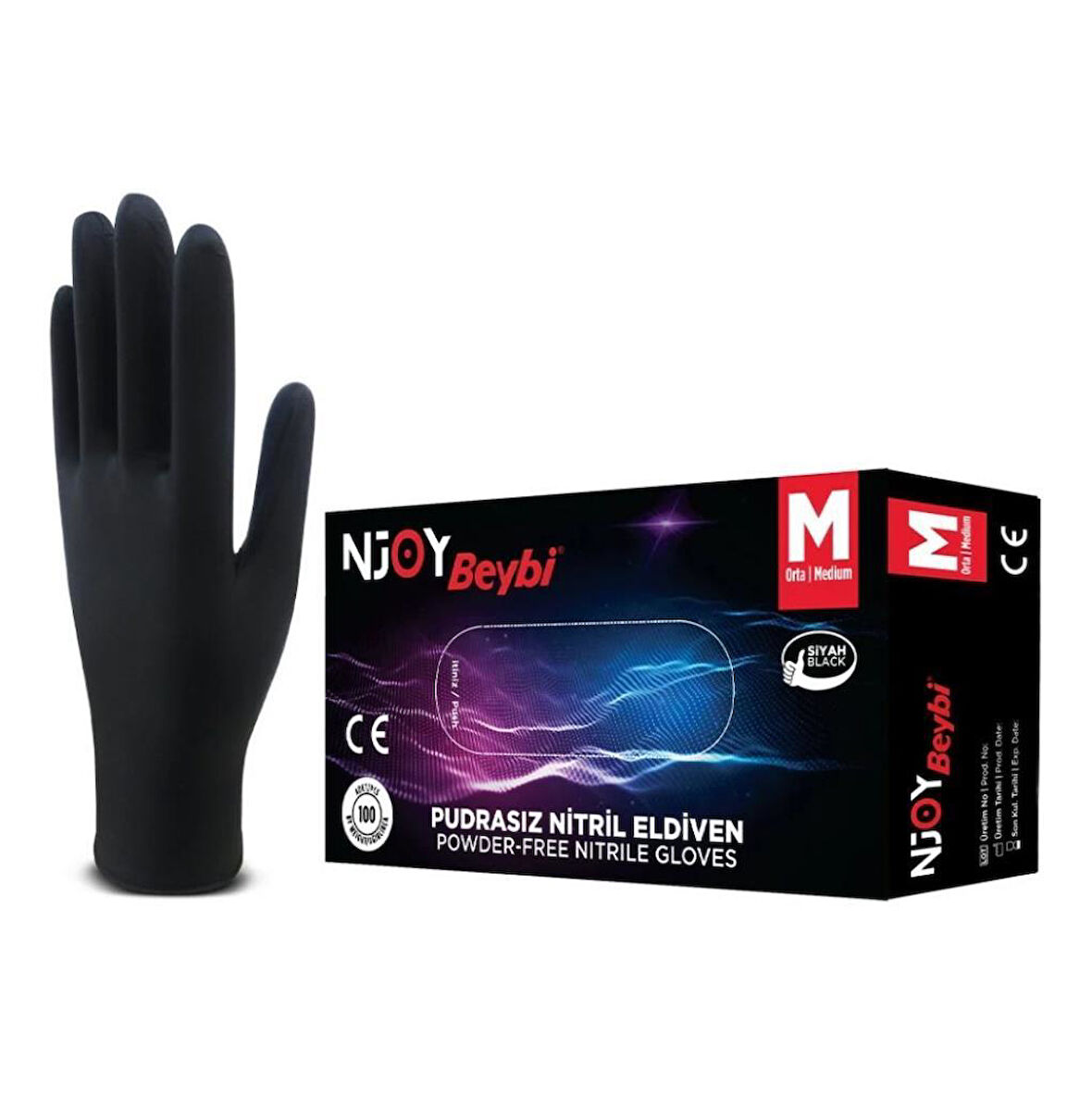 Beybi Njoy Nitril Siyah Pudrasız Eldiven 100' lü Paket Medium