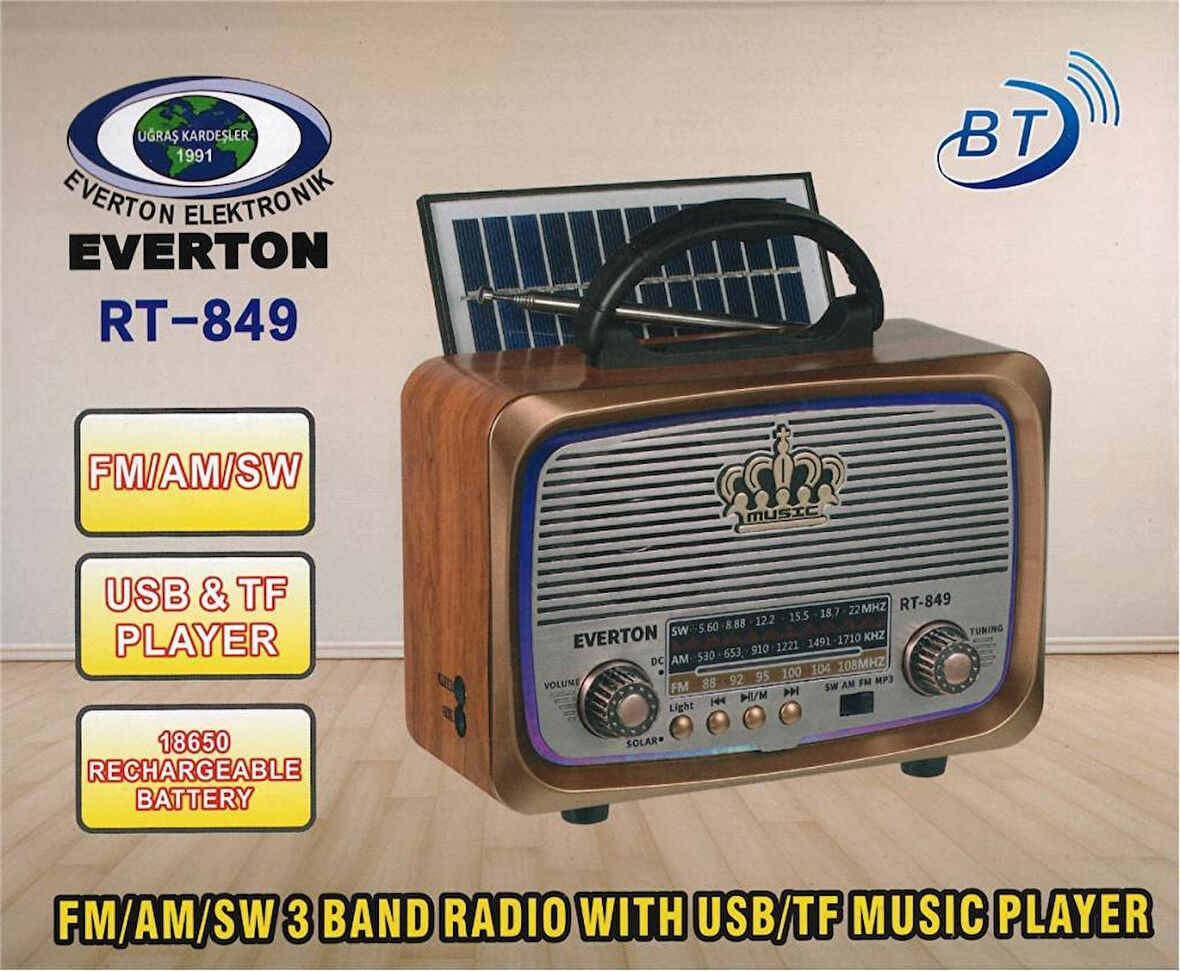 Everton Rt-849  Bluetooth Fm-Usb-Tf-Aux Şarjlı Nostaljik Radyo Güneş Panelli