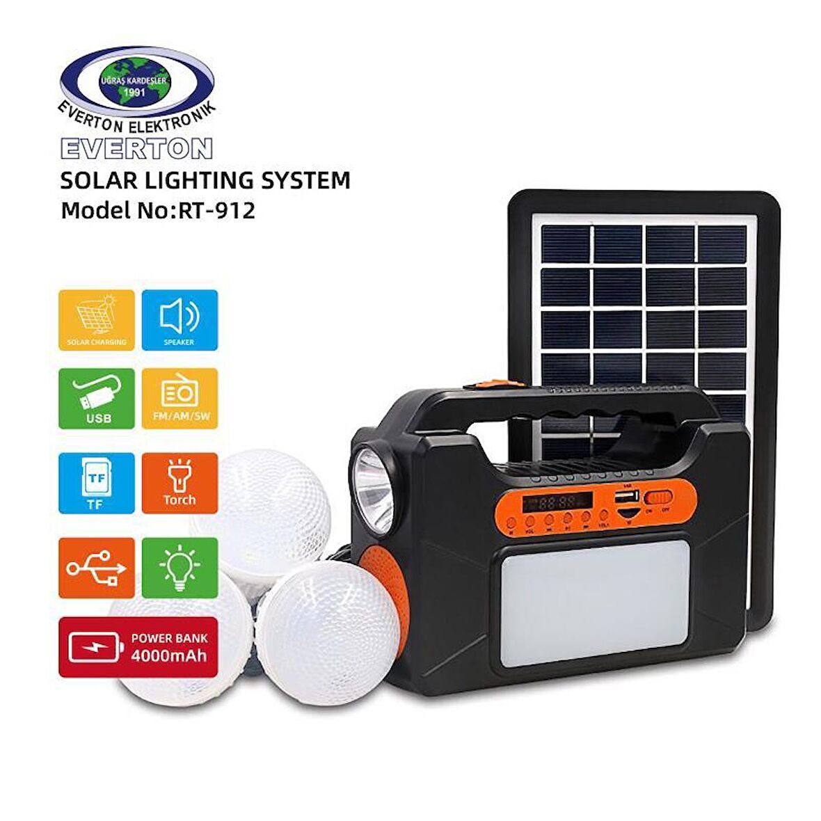 Everton Rt-912 Bluetooth lu 3 Ampullü Solar Güneş Enerjili Fener Kamp Lambası Ve Radyo