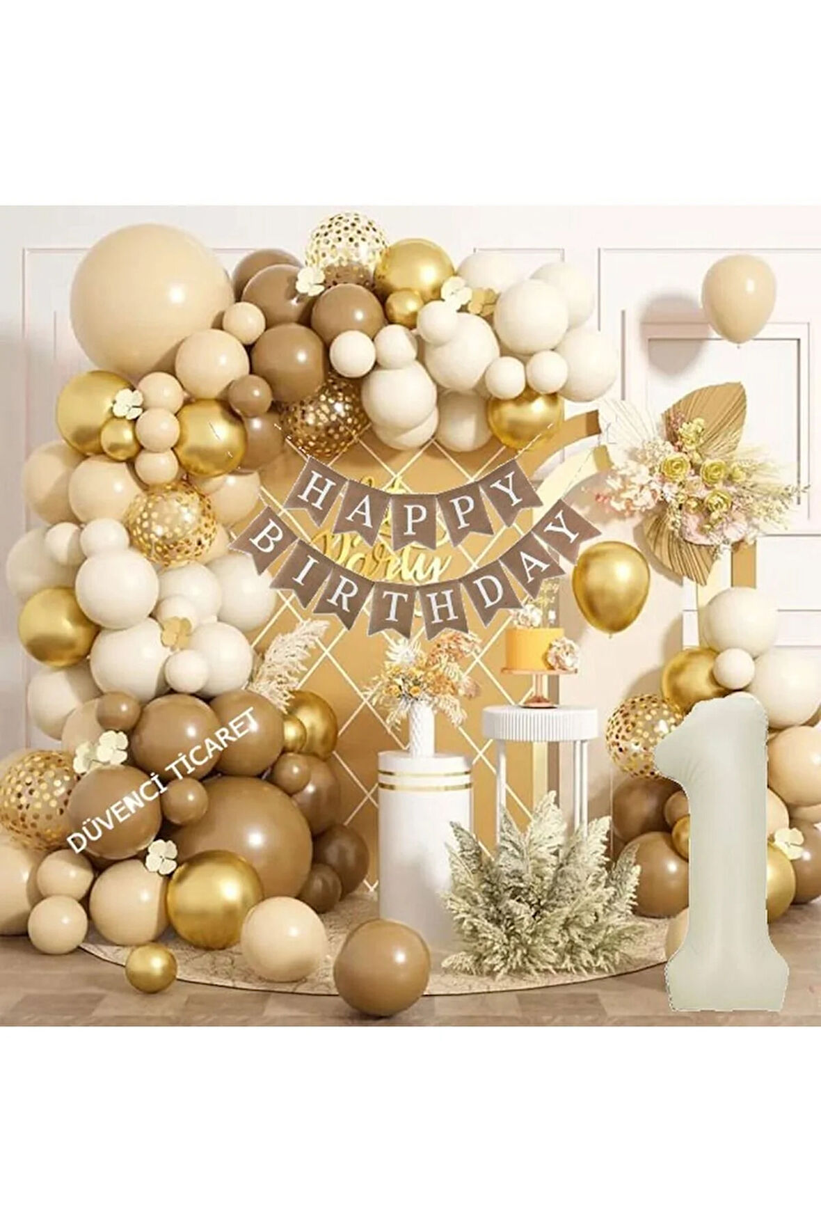 TEN RENGİ KREM KAHVERENGİ RENK FOLYO BALONLU DOĞUM GÜNÜ BALON ZİNCİR SET
