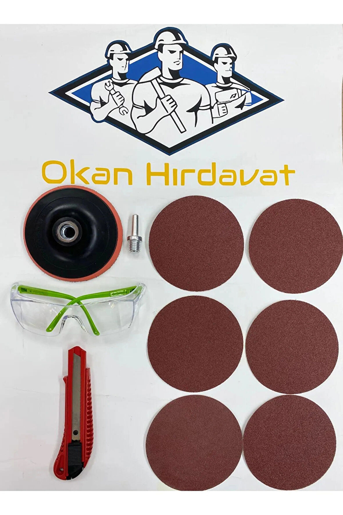OKN PROFESSİONEL Cırt Zımpara Seti Matkap Aparatı Gözlük Falçata 115 Mm 10 Parça OKAN HIRDAVAT