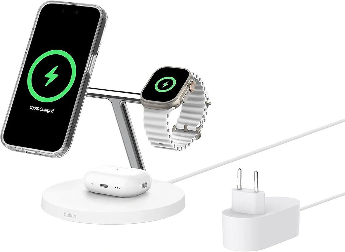 Belkin BoostCharge Pro 3'ü 1 Arada, Qi2 MagSafe Kablosuz Şarj İstasyonu, Beyaz