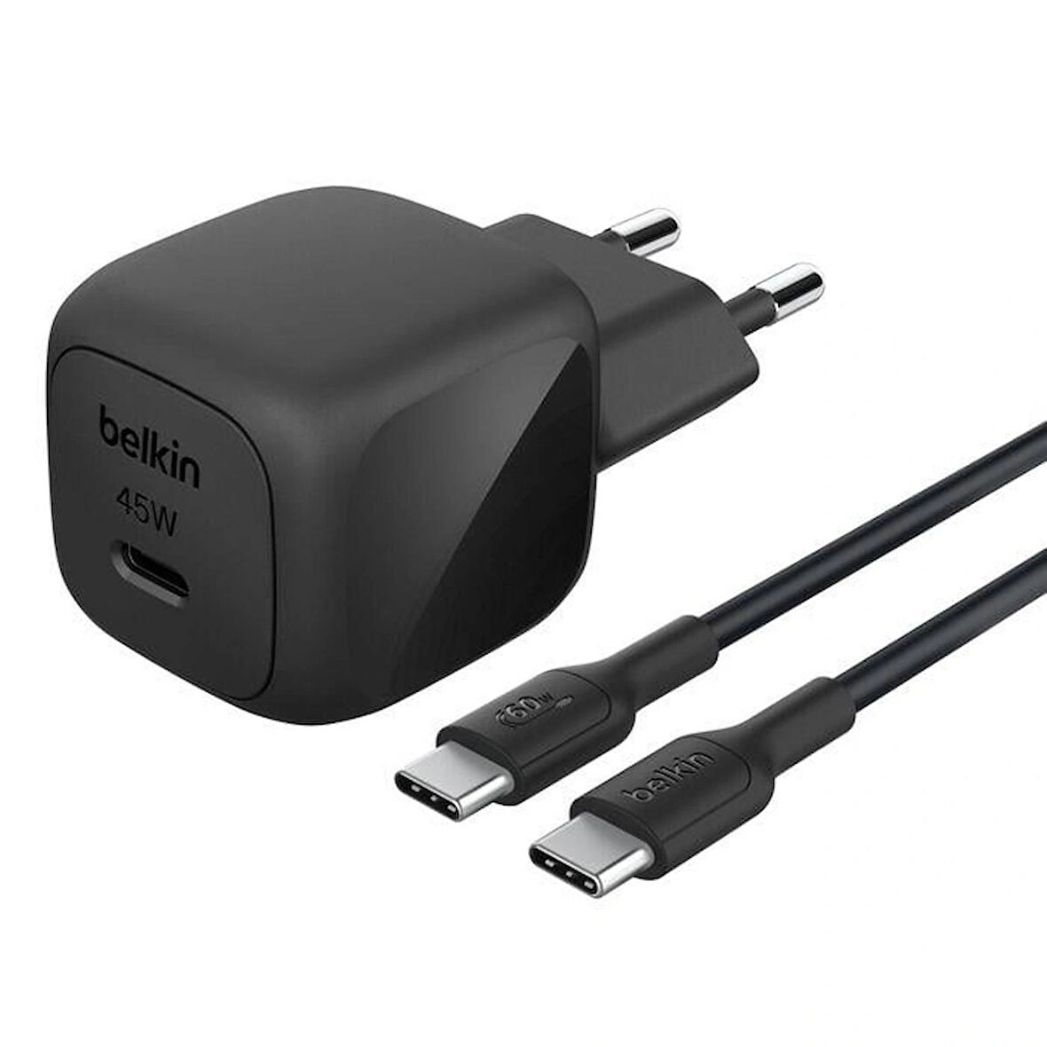 Belkin Kompakt Duvar Şarj Cihazı 45 W + USB-C - USB-C Kablosu, Siyah