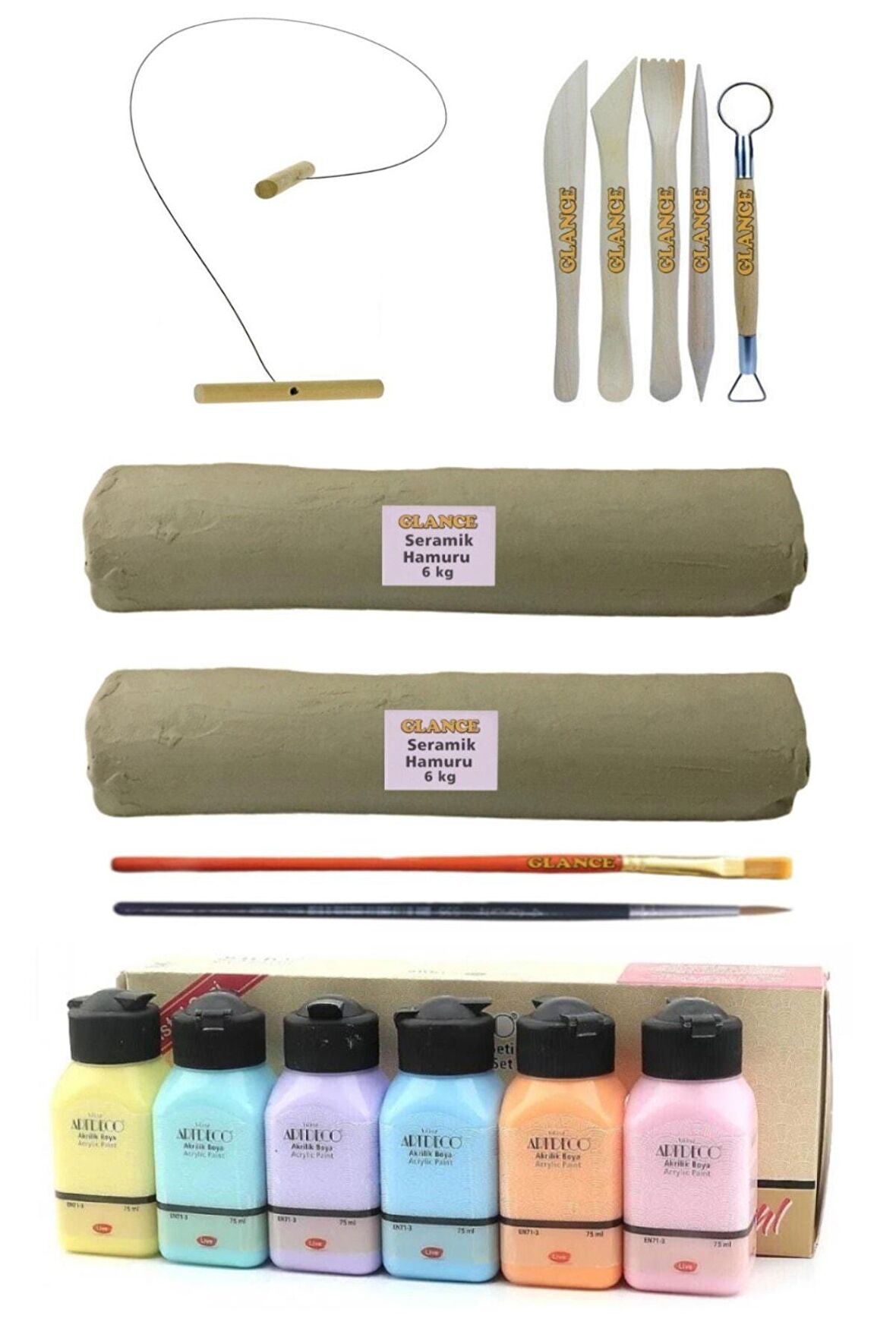 Beyaz Seramik Hamuru 6x2 Kg Kil Kesme Teli 5'li Ebeşuar Artdeco Akrilik Boya 6x75 ml Pastel Renkler